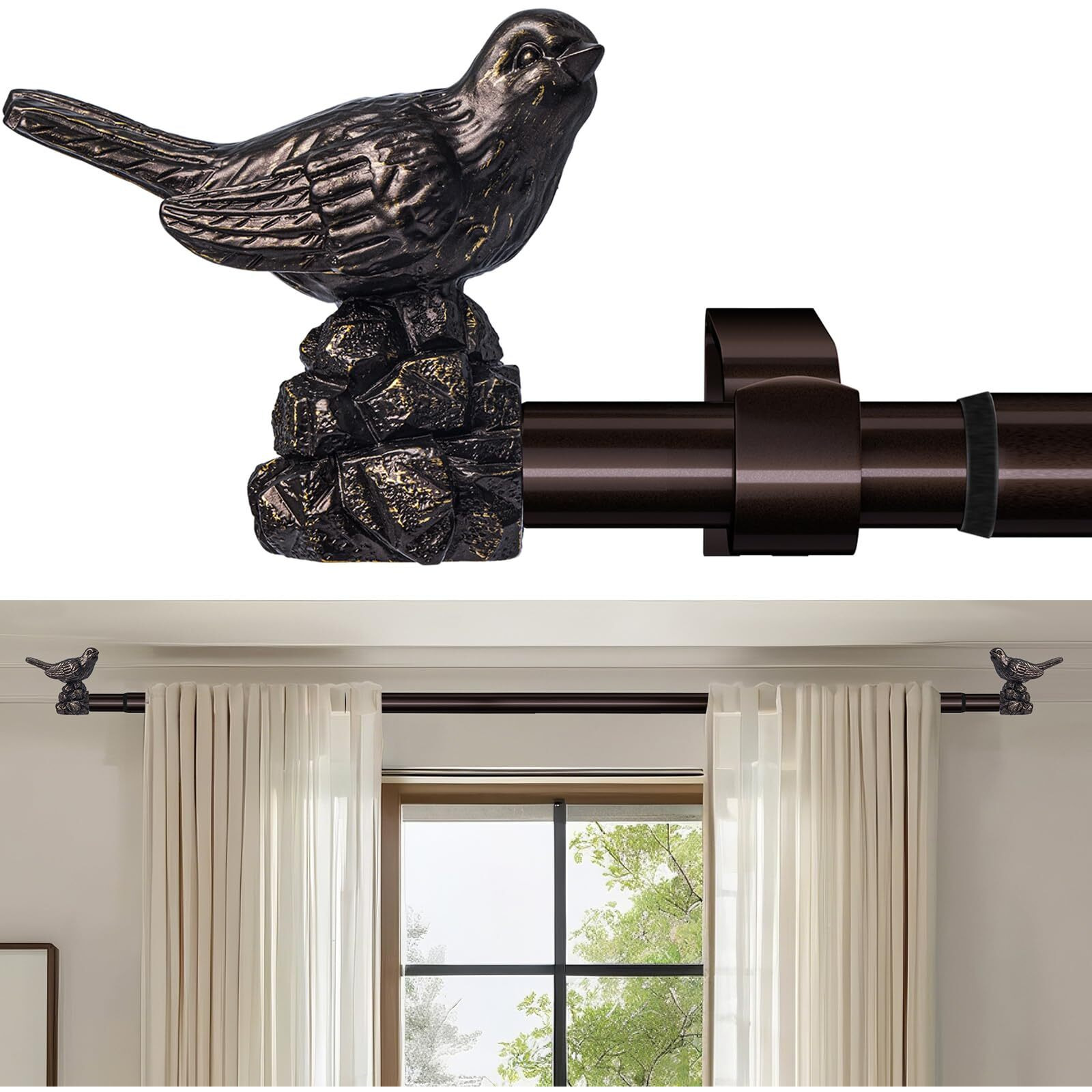 Kveeo Curtain Rods 48 To 90 Inches Vintage Oil Bronze Curtain Rods For Windows Adjustable Drapery Rod With Bird Finials Heavy Duty Window Brown Curtains Rod For Living Room Bedroom
