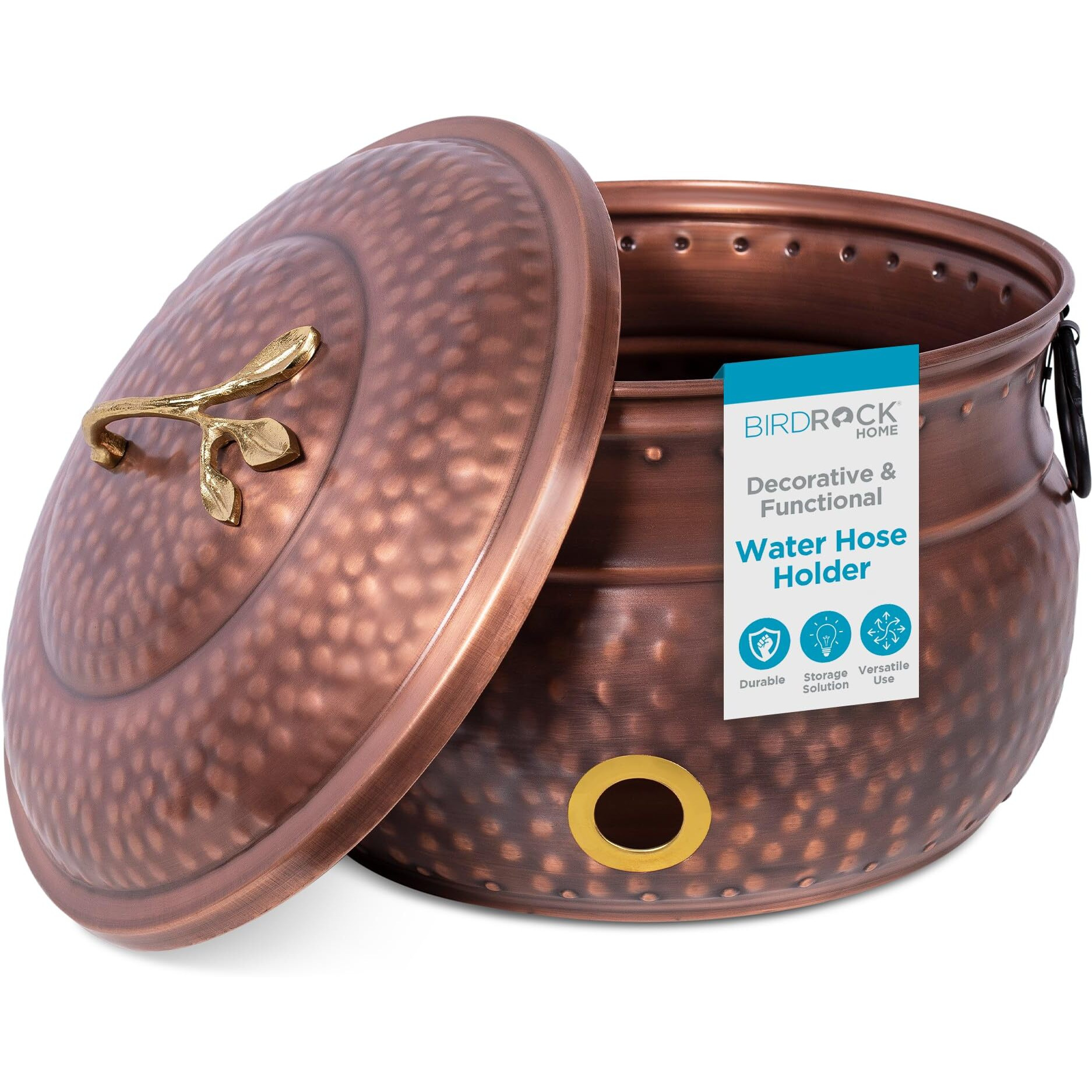 Birdrock Home Water Hose Holder With Lid | Ground Garden Hose Pot | Decorative | Handle | Embossed | Steel Metal With Copper Accents | Outdoor Or Indoor Use