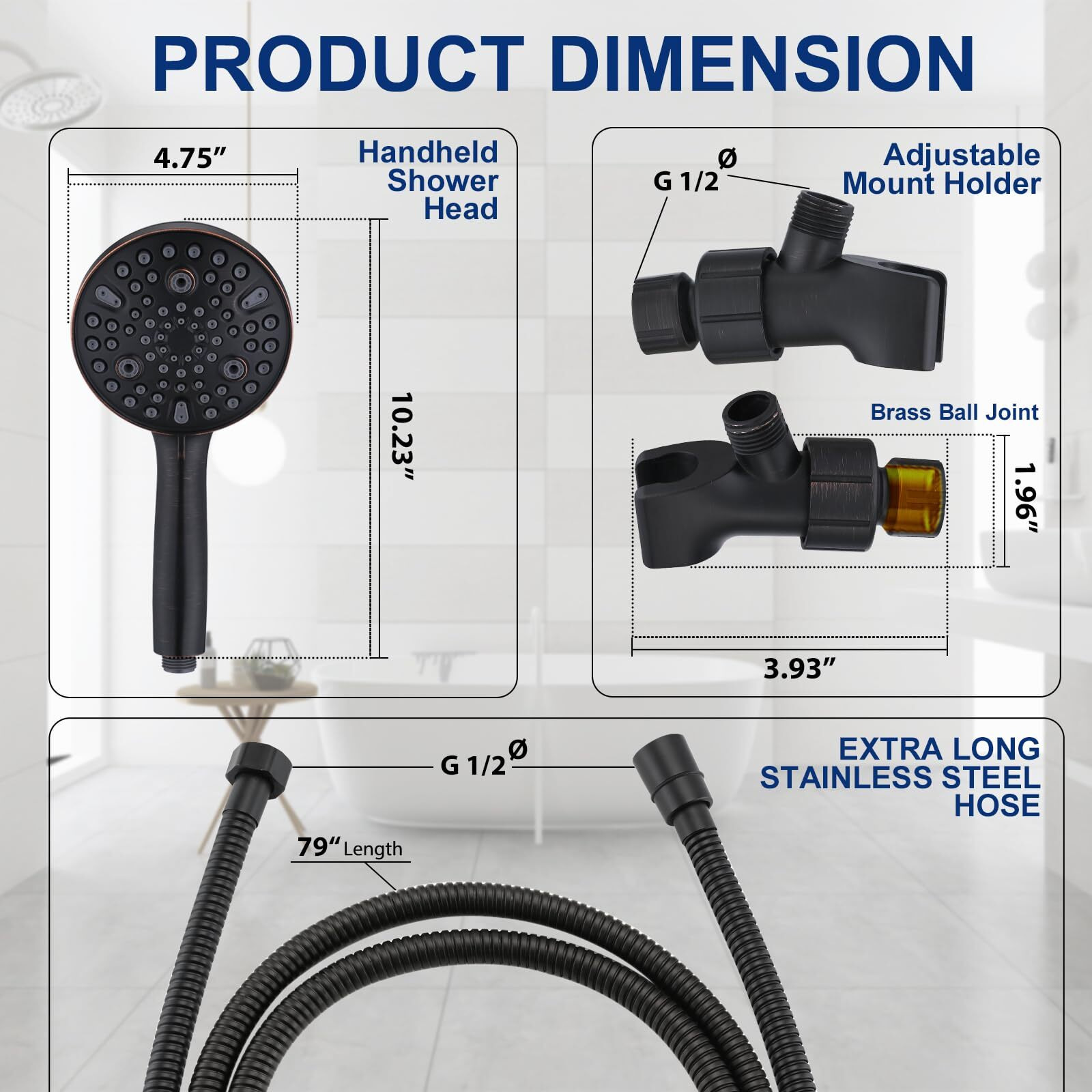 High Pressure 10 Setting Handheld Shower Head, 5"" Detachable Showerhead Spray Built-In Power Wash To Clean Tub, Tile & Pets, 79"" Extra Long Stainless Steel Hose, Adjustable Bracket - Oil Rubbed Bronze