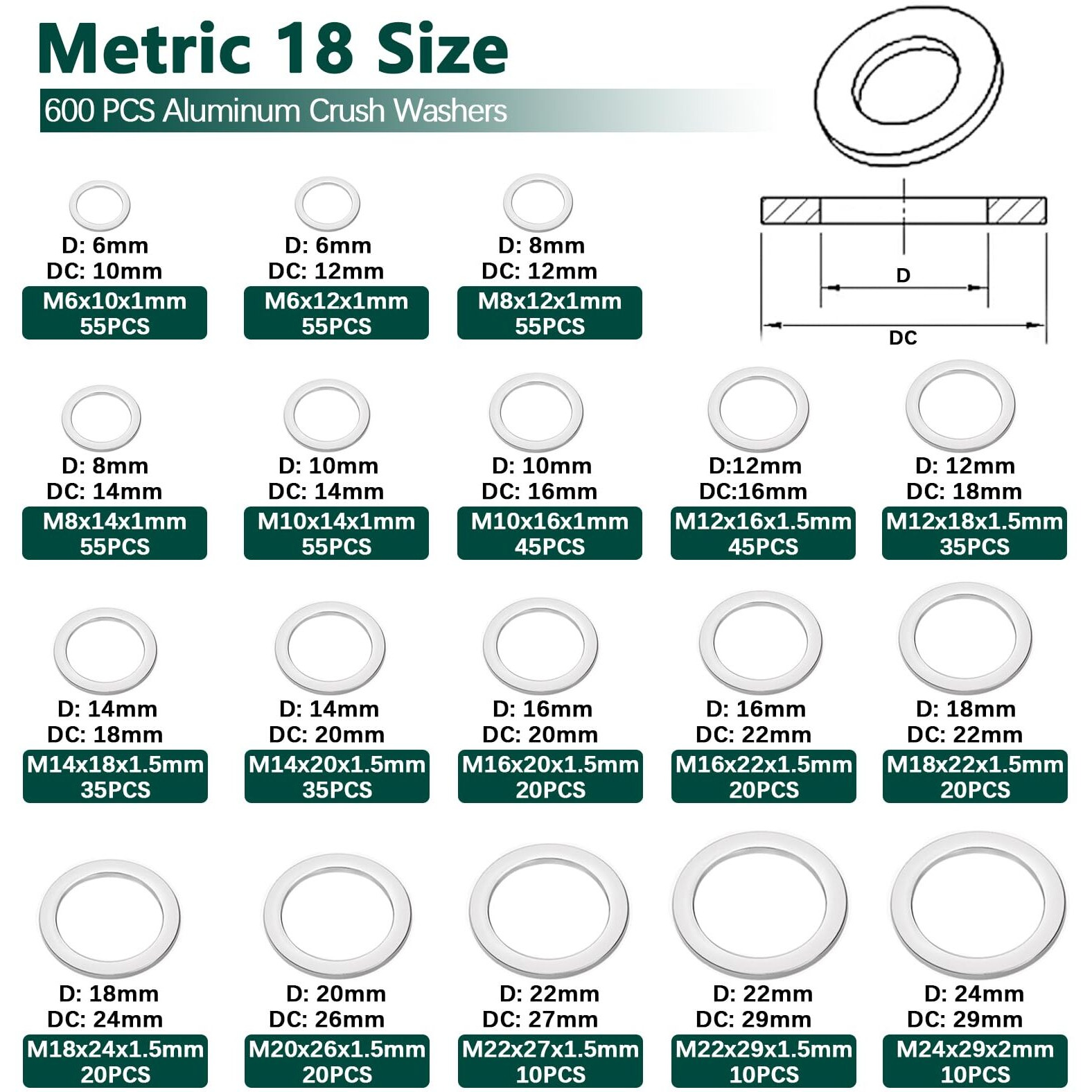 600Pcs Oil Drain Plug Gasket Kit,18 Sizes Aluminum Crush Washers Assortment Kit,Automotive, Crush Washer Oil Drain Plug M6 M8 M10 M12 M14 M16 M18 M20 M22 M24