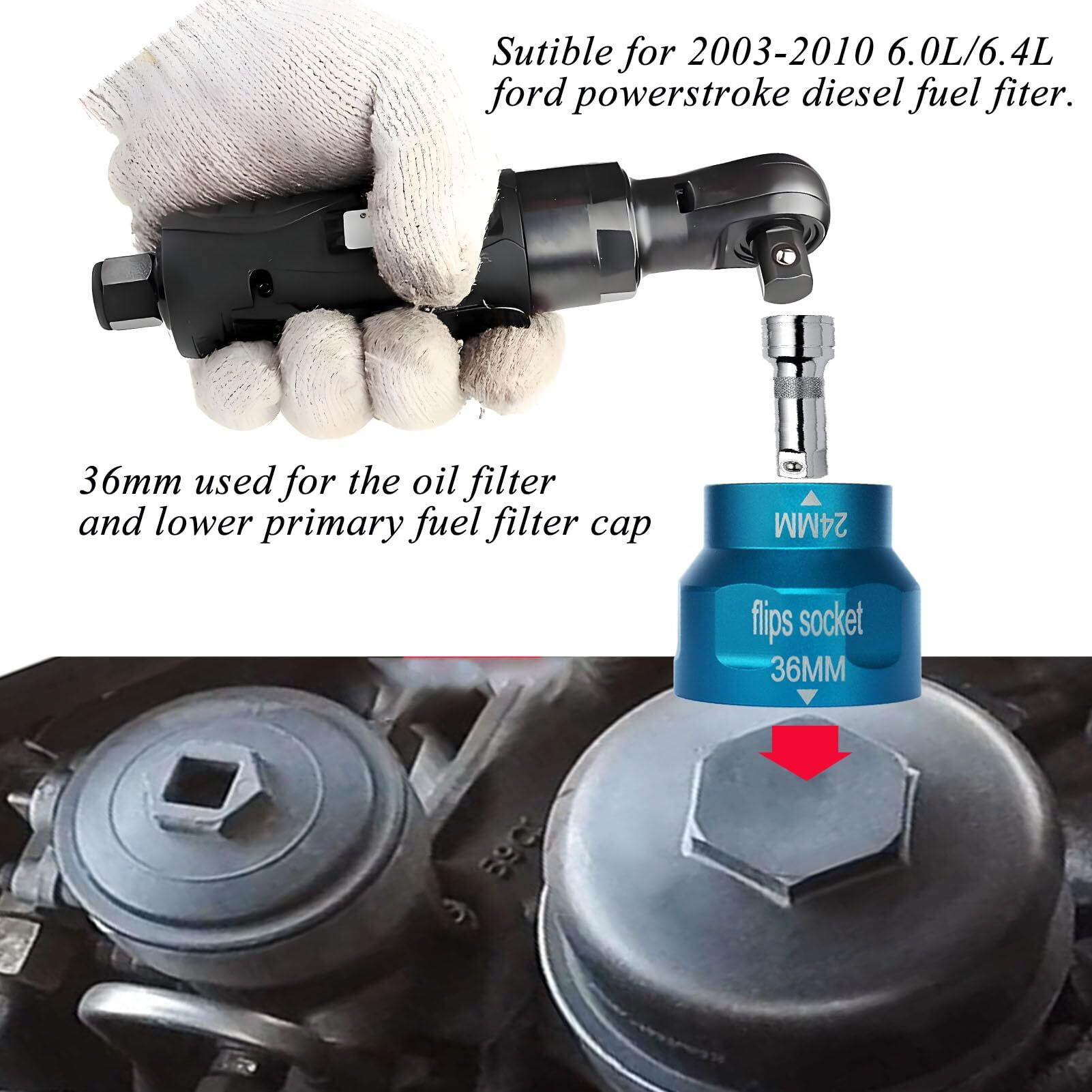 Felisbieti 24Mm/36Mm Oil Filter Socket Wrench Tool, For Ford 6.0L/6.4L Powerstroke Diesel Oil Filter/Fuel Filter Cap Installation& Removal- Flips Sockets Accessories