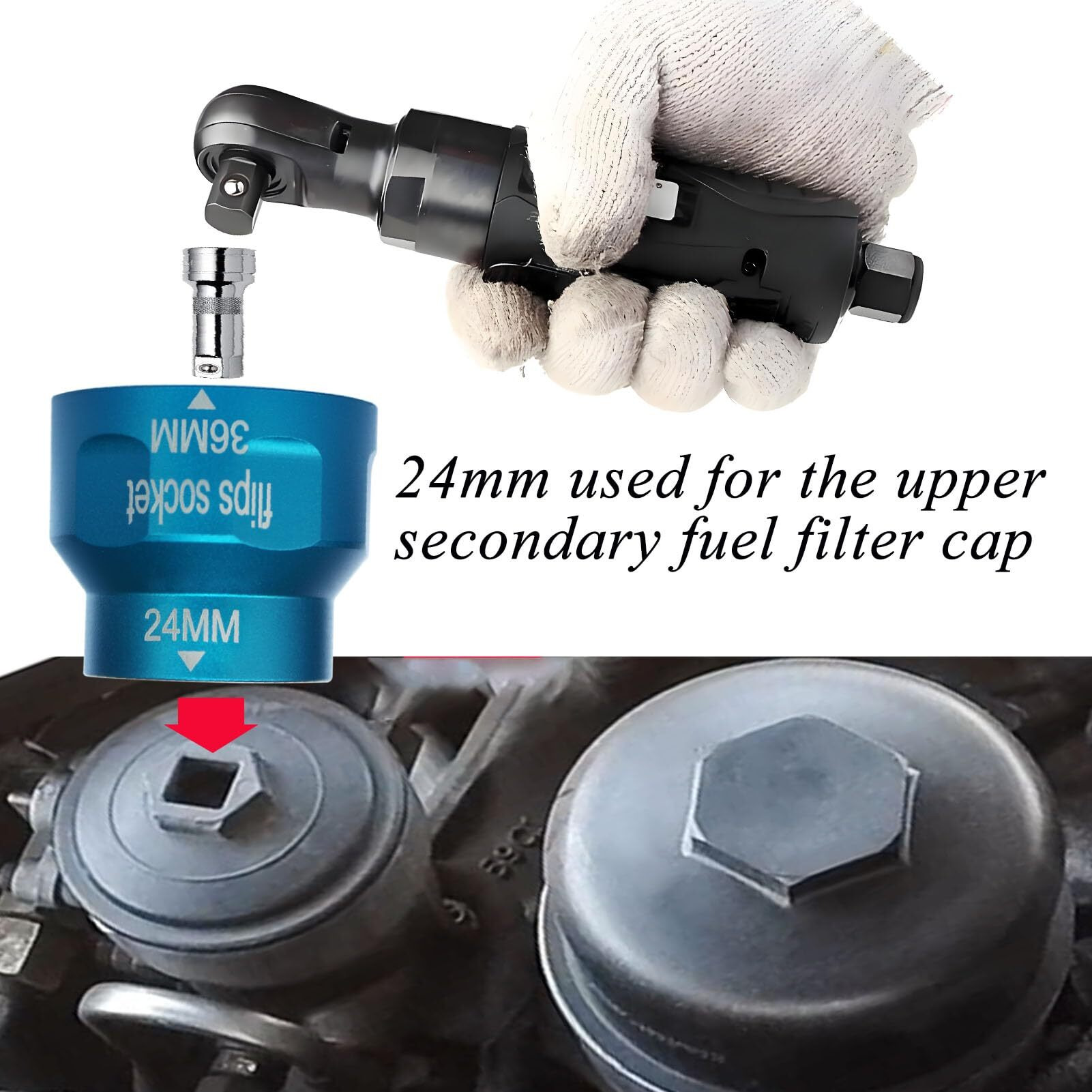 Felisbieti 24Mm/36Mm Oil Filter Socket Wrench Tool, For Ford 6.0L/6.4L Powerstroke Diesel Oil Filter/Fuel Filter Cap Installation& Removal- Flips Sockets Accessories