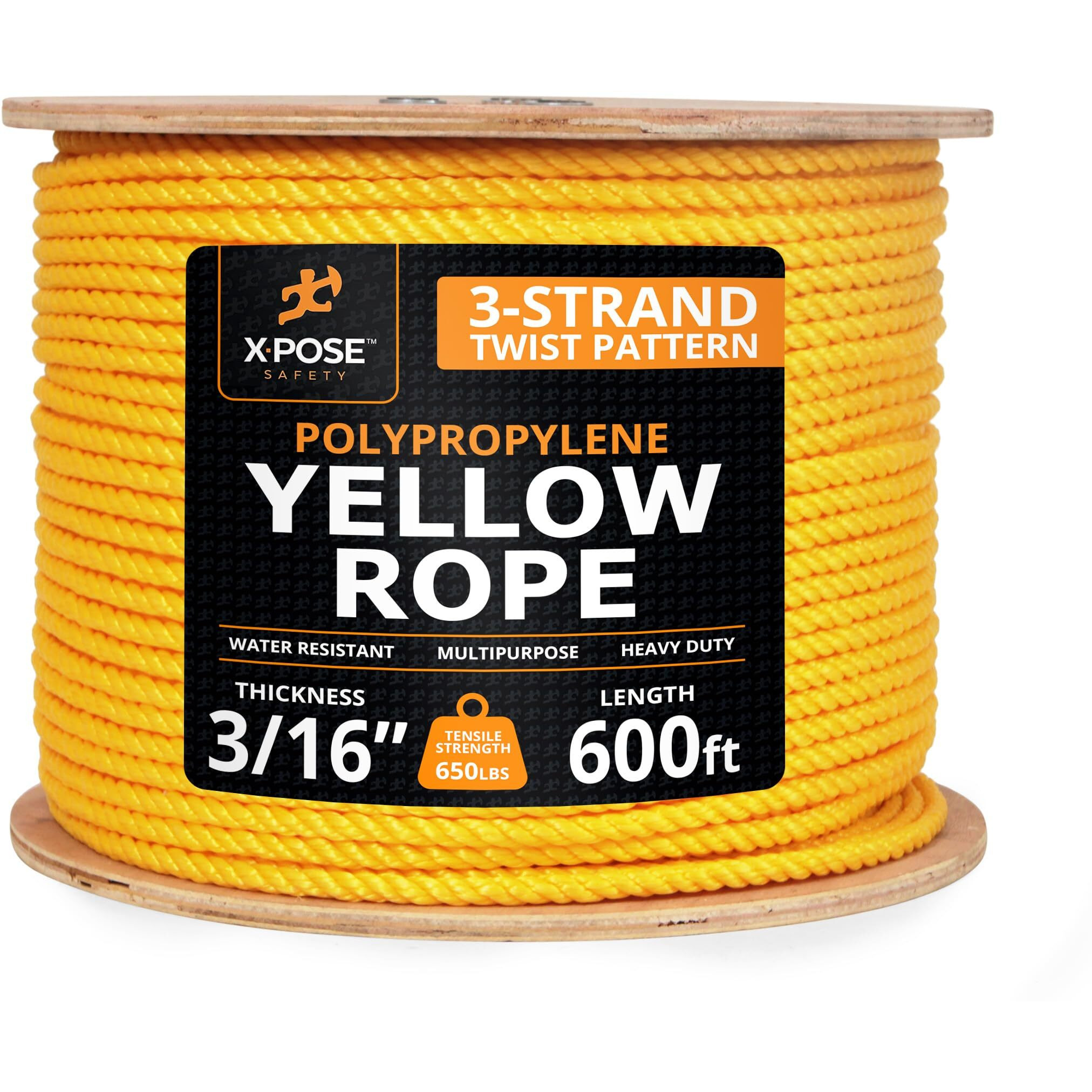 Yellow Twisted Polypropylene Rope, 3/16"" Thickness X 600' Length Heavy Duty Poly Ropes For Outdoor And Marine Use, Yellow Rope For Visibility & Safety