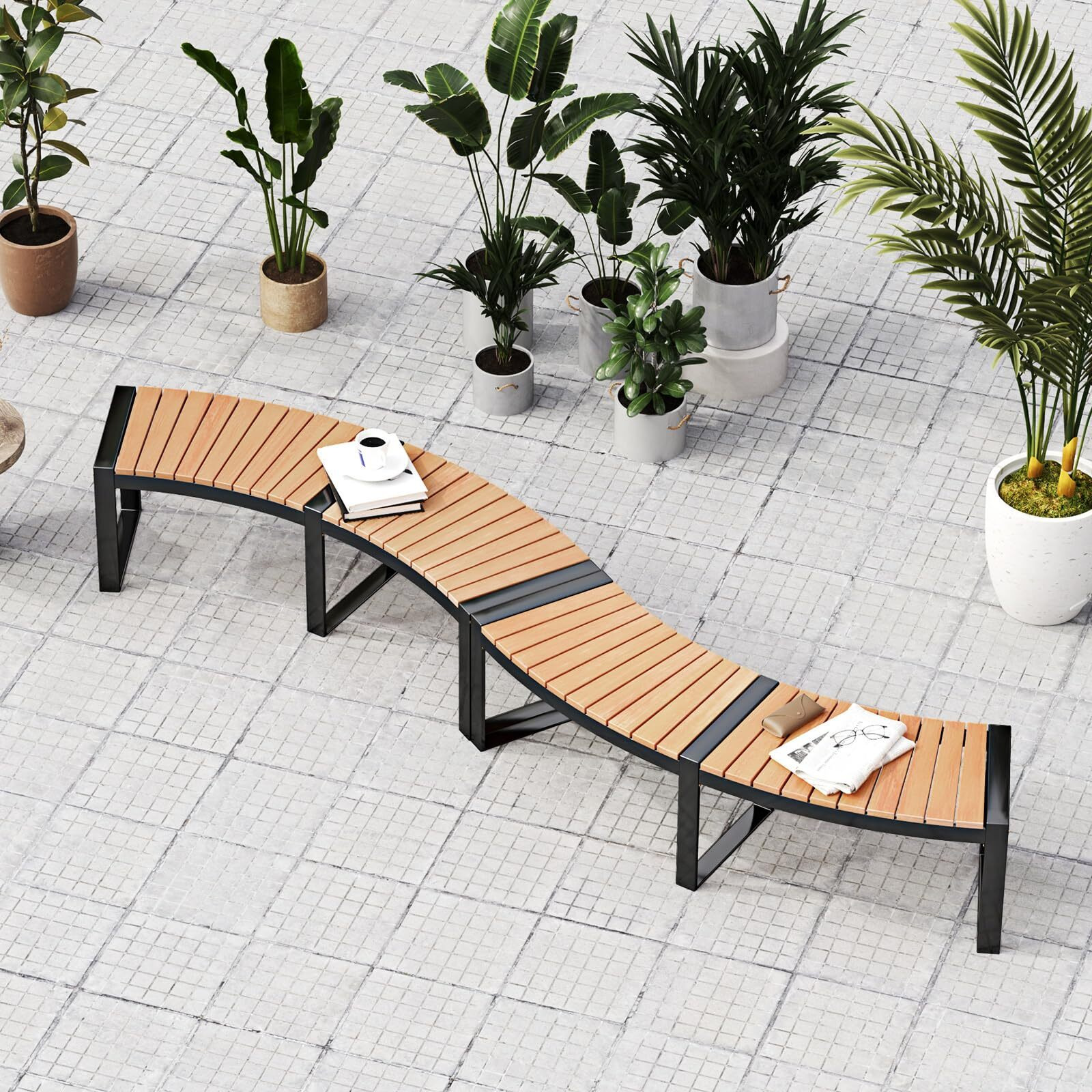 Moccha Outdoor Curved Bench, Acacia Wood Fire Pit Bench W/Slatted Seat, Metal Frame, Loveseat, Outside Chair, Patio Backless 2-Person Seating For Yard Deck Porch 800 Lbs Max Load, Oil Painted (2)