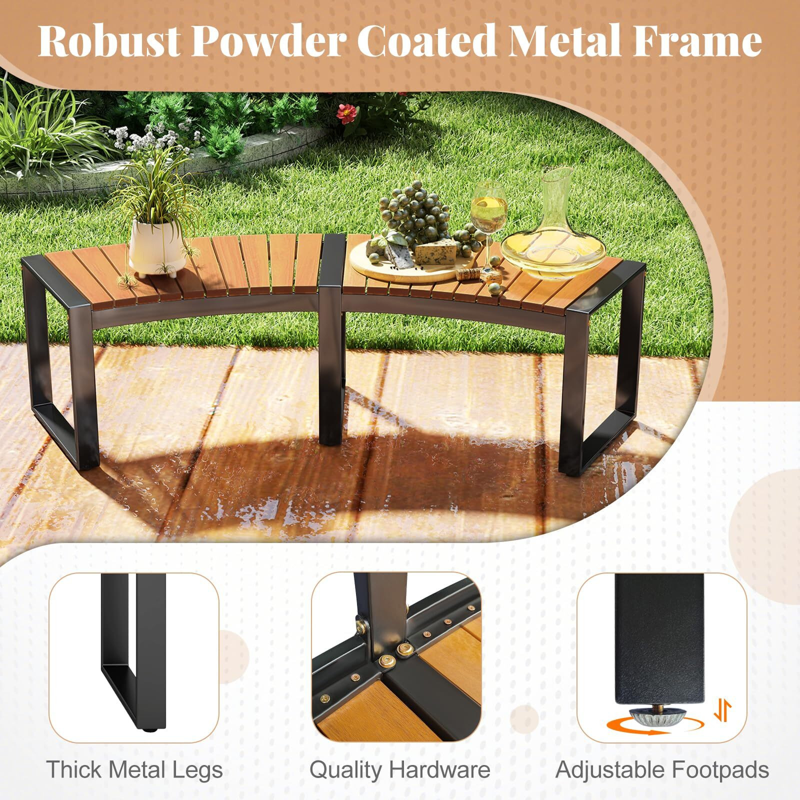 Moccha Outdoor Curved Bench, Acacia Wood Fire Pit Bench W/Slatted Seat, Metal Frame, Loveseat, Outside Chair, Patio Backless 2-Person Seating For Yard Deck Porch 800 Lbs Max Load, Oil Painted (2)