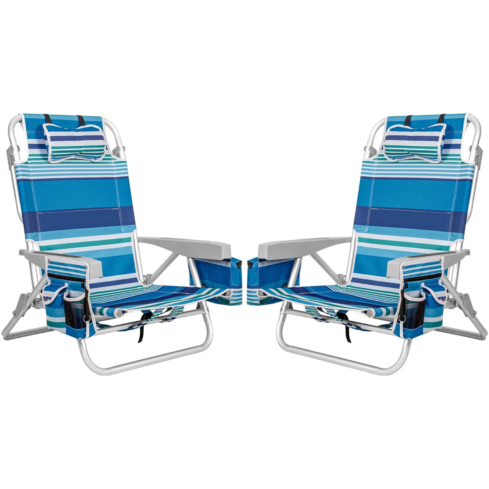 2Pk Aluminum 5-Position Lay Flat Folding Backpack Beach Chairs For Adults, With Cooler Bag, Cup&Phone Holder, Towel Bar For Outdoor Lawn Picnic Sport, Portable Foldable Camping Chairs, Blue Stripes