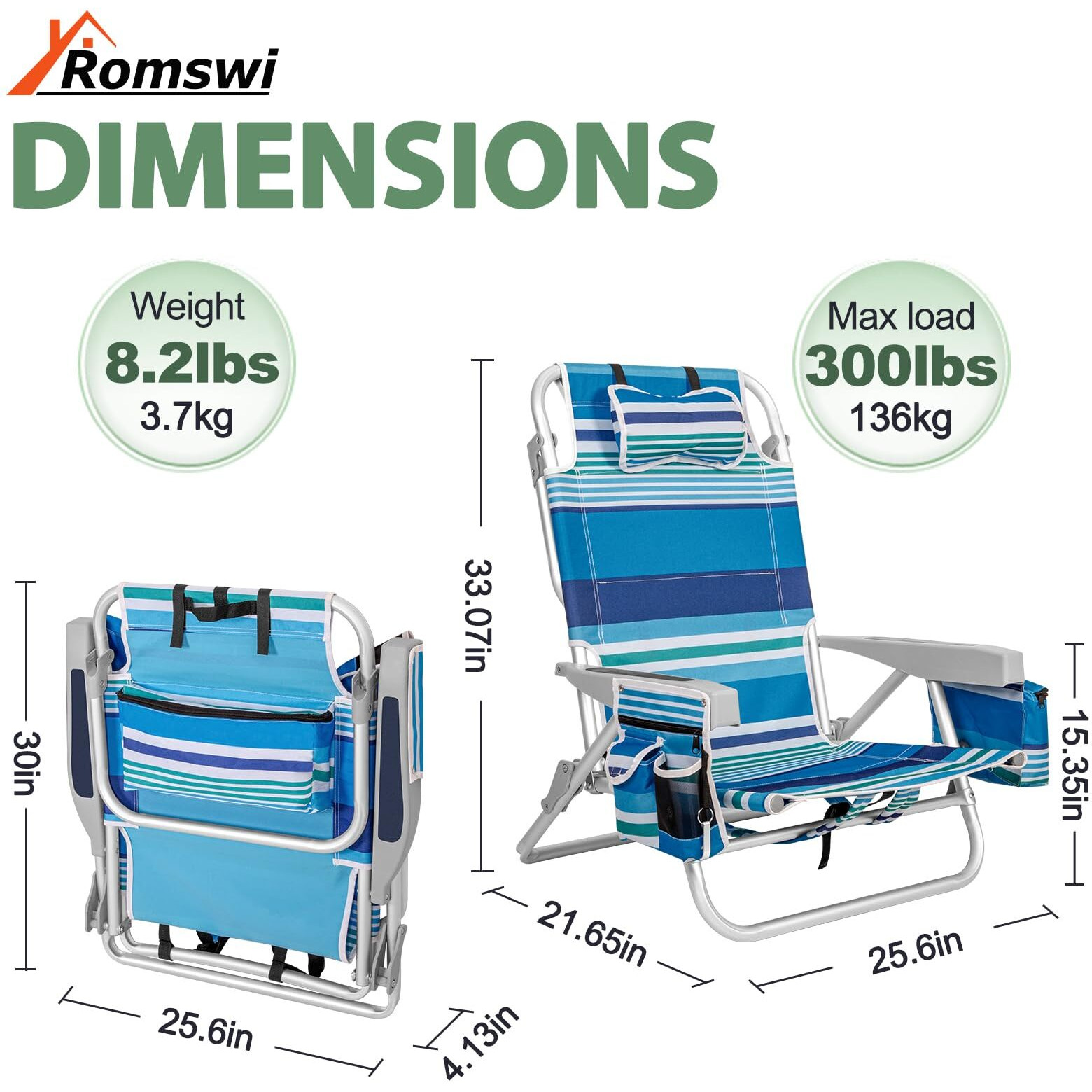 2Pk Aluminum 5-Position Lay Flat Folding Backpack Beach Chairs For Adults, With Cooler Bag, Cup&Phone Holder, Towel Bar For Outdoor Lawn Picnic Sport, Portable Foldable Camping Chairs, Blue Stripes