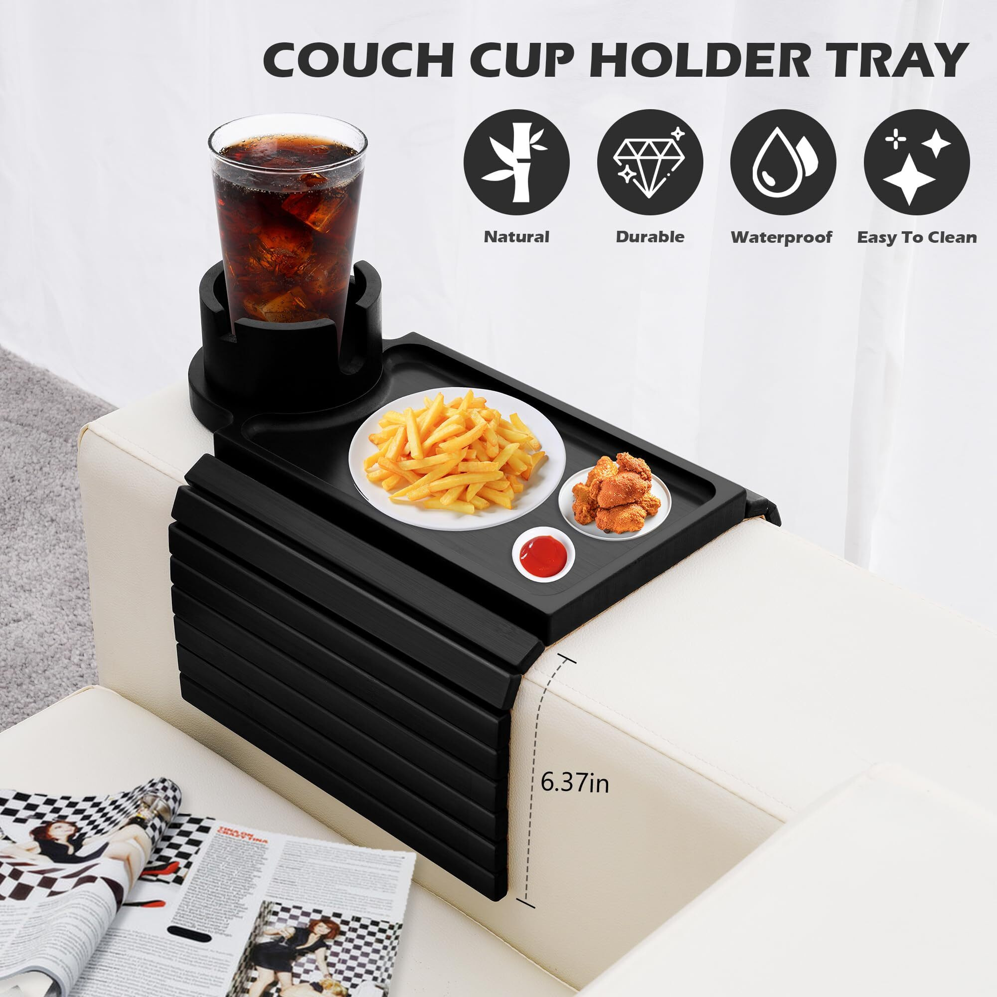Ghkinmal Couch Cup Holder Tray, 3 In 1 Large Couch Arm Table,Bamboo Sofa Clip On Tray Table With 360 Ratated Phone Holder For Couch,Armrest Tray For Drink,Snacks,Remote,Phone