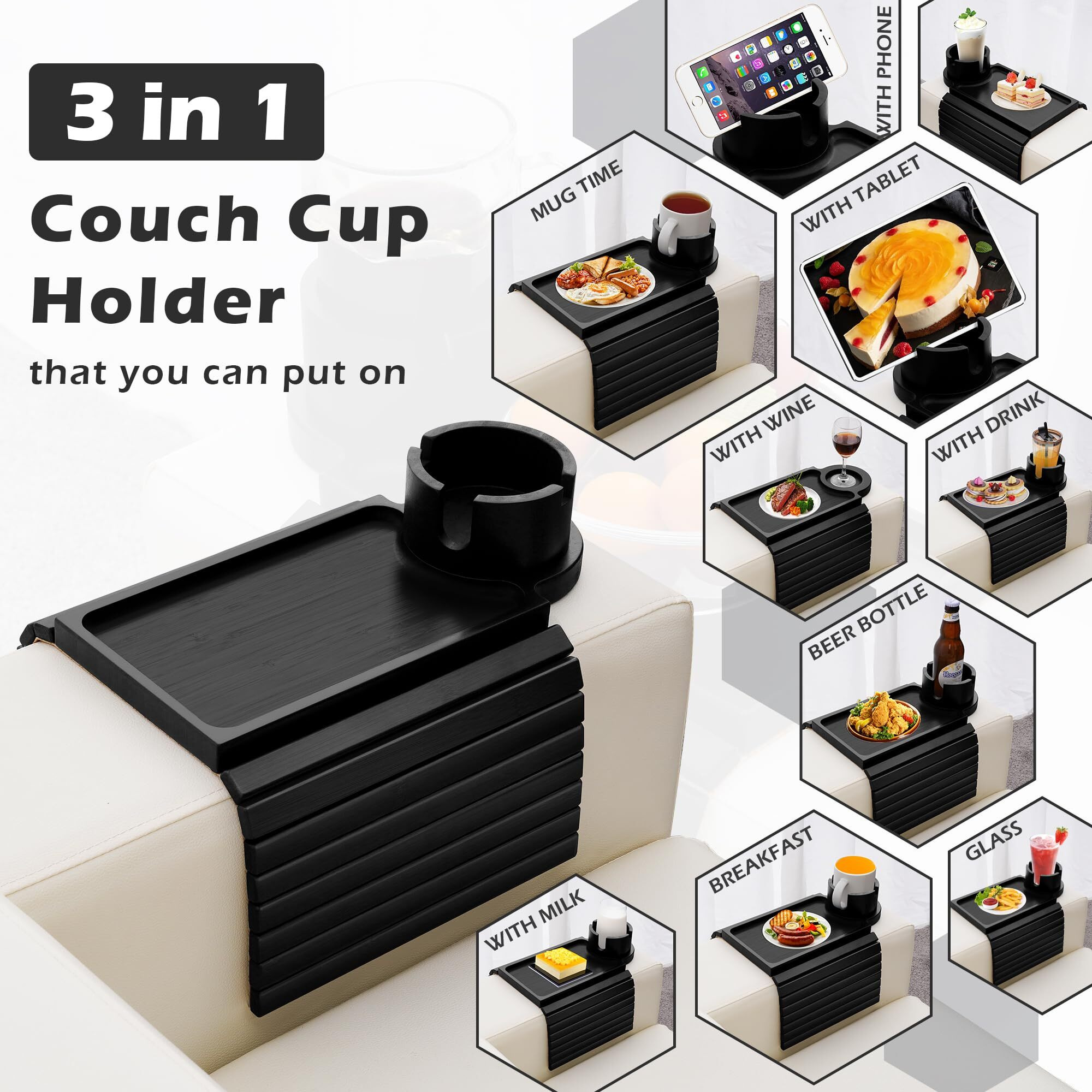 Ghkinmal Couch Cup Holder Tray, 3 In 1 Large Couch Arm Table,Bamboo Sofa Clip On Tray Table With 360 Ratated Phone Holder For Couch,Armrest Tray For Drink,Snacks,Remote,Phone