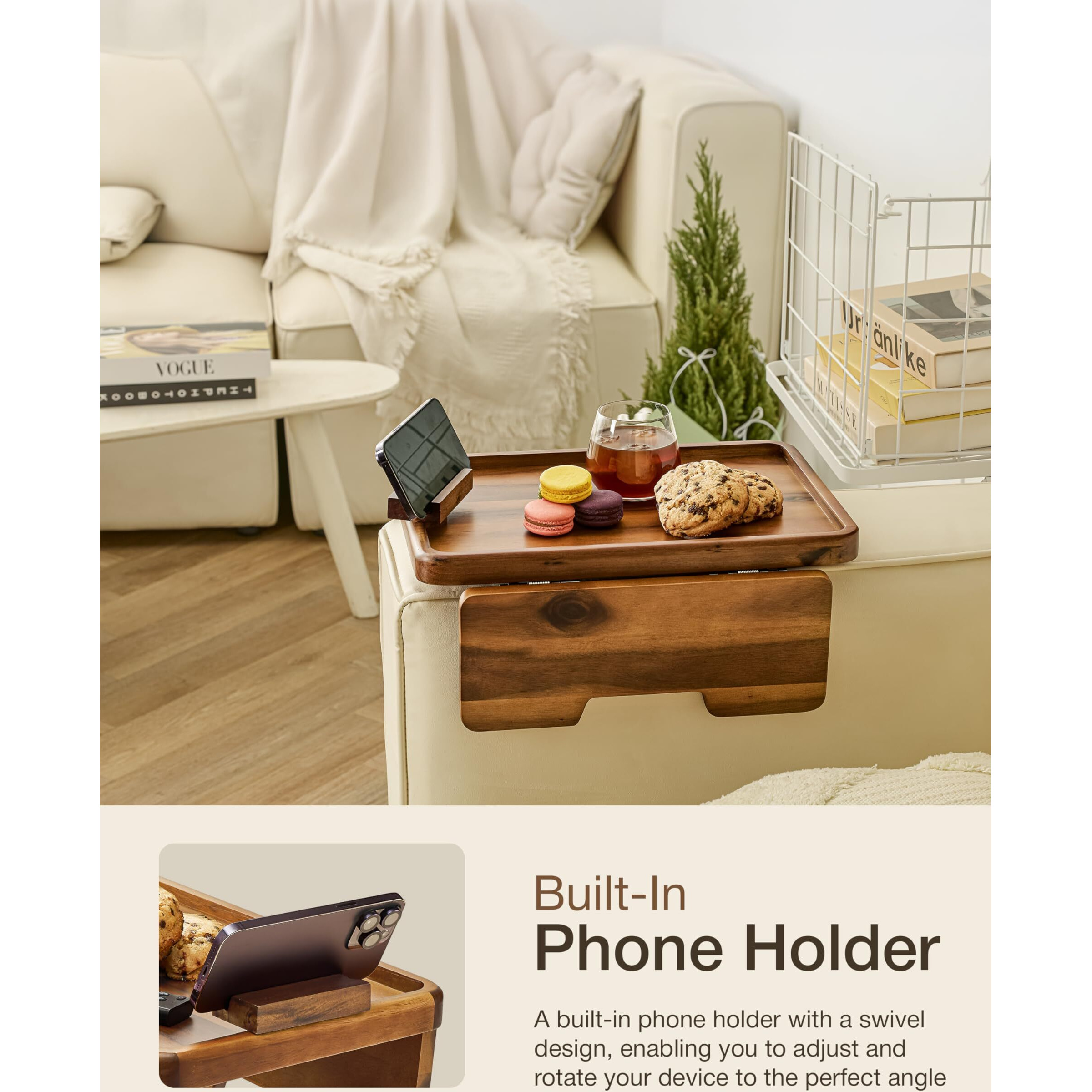Holana 15.75"" Acacia Couch Armrest Table With 360 Rotating Phone Holder, Wooden Couch Tray - Sofa Side Table, Armchair Caddy For Home Sofa Living Room (Acacia)