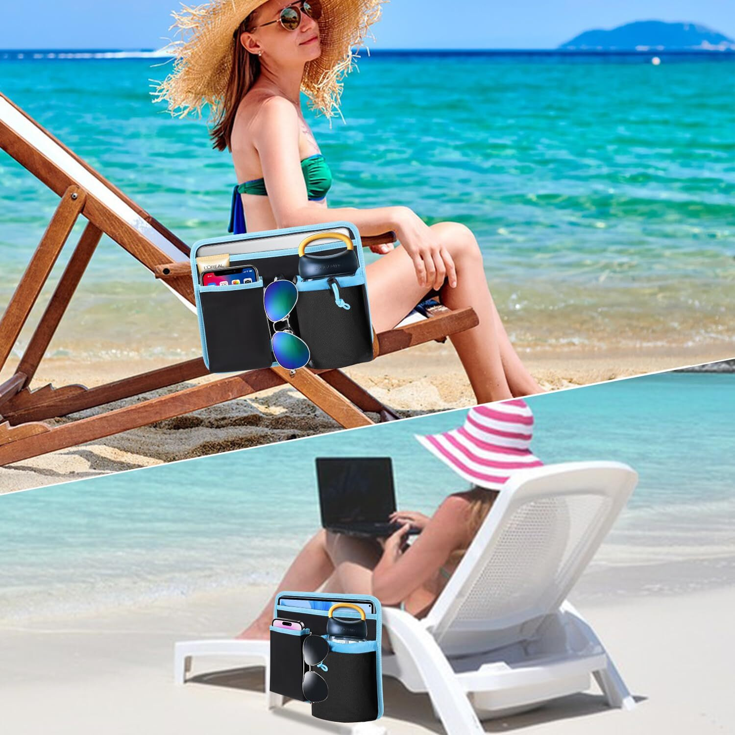 Ekrison Beach Chair Cup Holder Camping Beach Chair Side Organizer Armrest Storage Bag Side Pocket Bag Folding Chair Cup Organizer Hanging Chair Attachment For Phone, Book, Bottle, Sunglasses