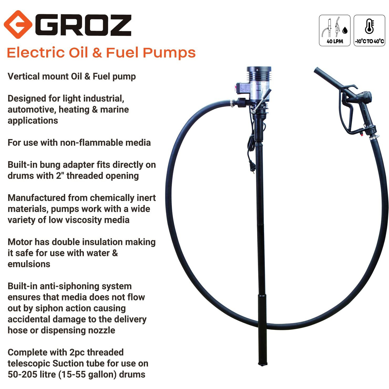Groz 230V Ac Electric Oil & Diesel Drum Transfer Pump | 10.5 Gpm Flow Rate | Double Insulated Motor | Fits On 15-55 Gallon Drums | Two Piece Threaded Telescopic Suction Tube (45520)