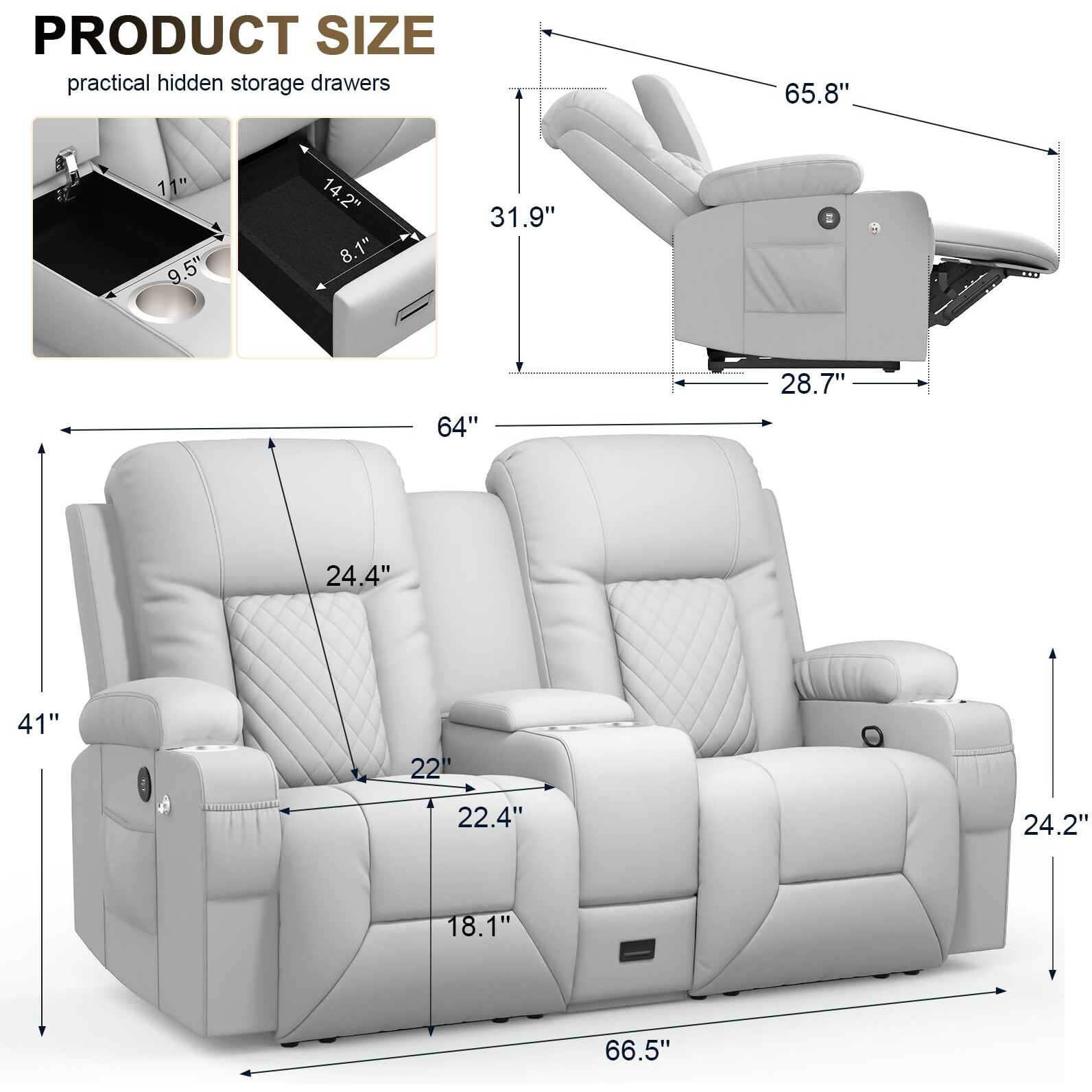 Yonisee Large Loveseat Recliner, Loveseat Recliner Sofa With Storage Console, Recliner Chair With Usb Ports, 2 Cell Phone Holders, Cup Holder, Loveseat Couch For Living Room (Light Gray)