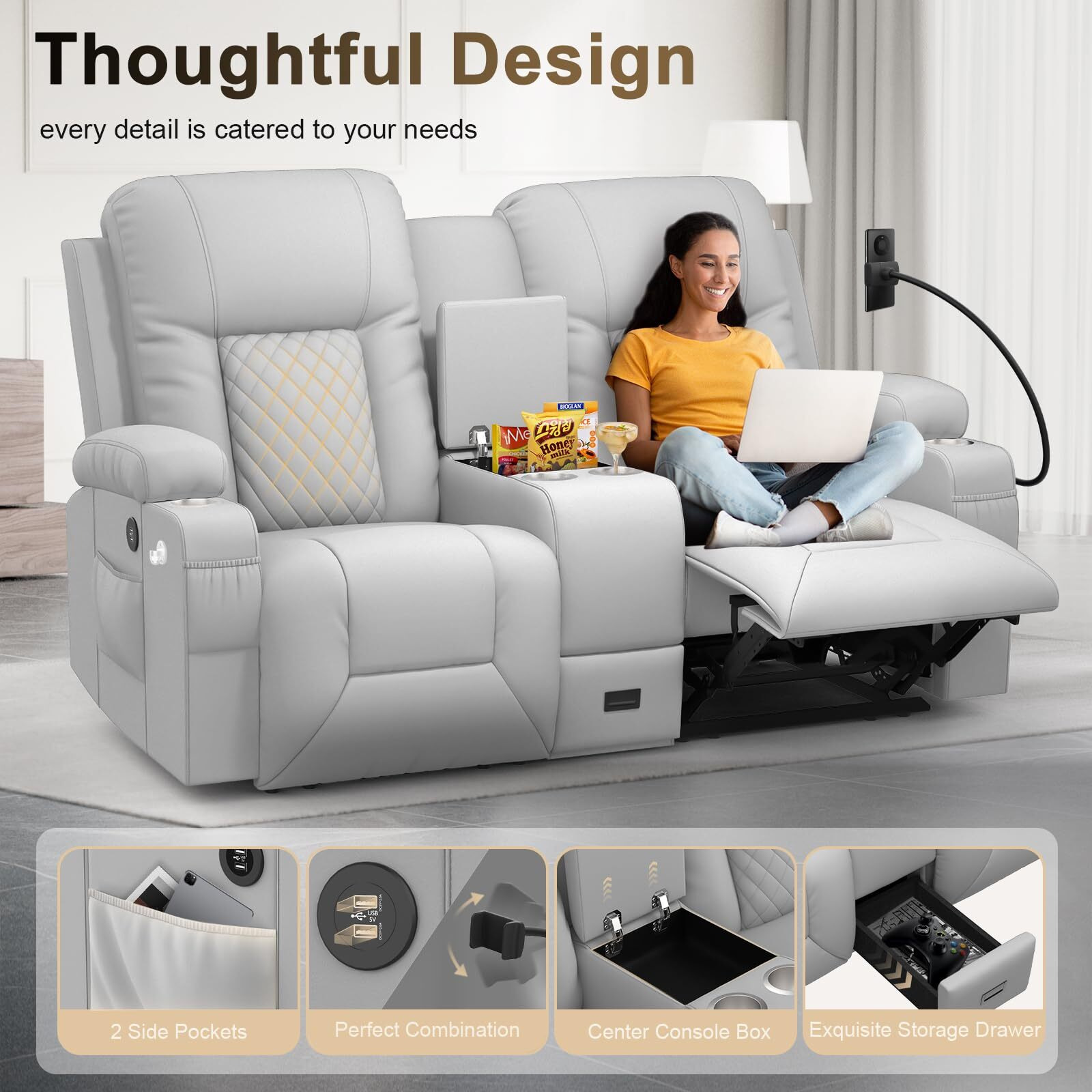 Yonisee Large Loveseat Recliner, Loveseat Recliner Sofa With Storage Console, Recliner Chair With Usb Ports, 2 Cell Phone Holders, Cup Holder, Loveseat Couch For Living Room (Light Gray)