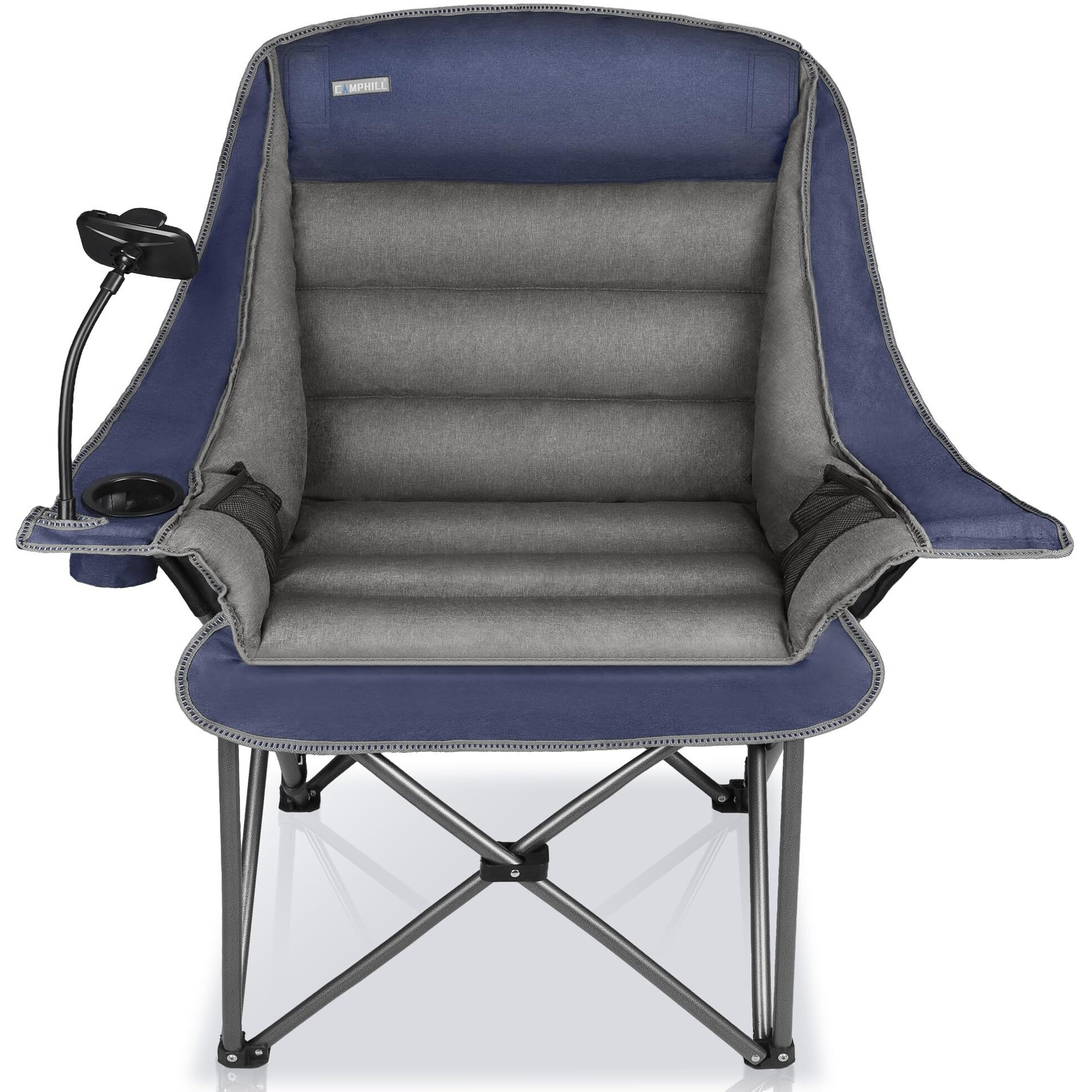 Camping Chairs For Adults-Oversized Extra Large Lawn Chair,Folding Comfy Padded Chair W/Phone Holder,Side Pocket,Cup Holder For Outdoor,Wide&Thick,Heavy Duty 400Lbs,Blue