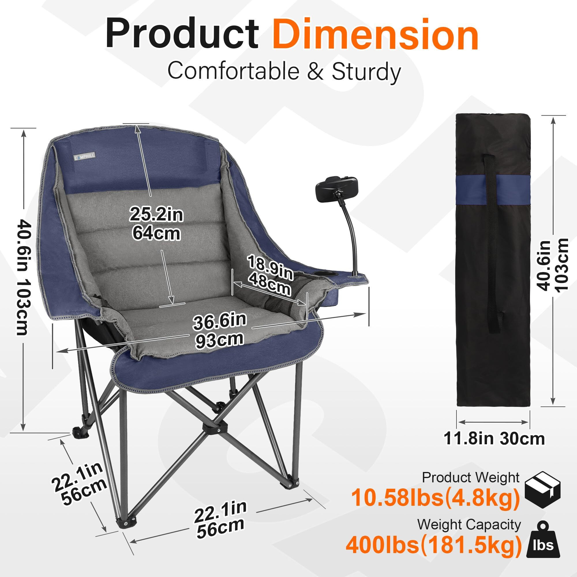 Camping Chairs For Adults-Oversized Extra Large Lawn Chair,Folding Comfy Padded Chair W/Phone Holder,Side Pocket,Cup Holder For Outdoor,Wide&Thick,Heavy Duty 400Lbs,Blue