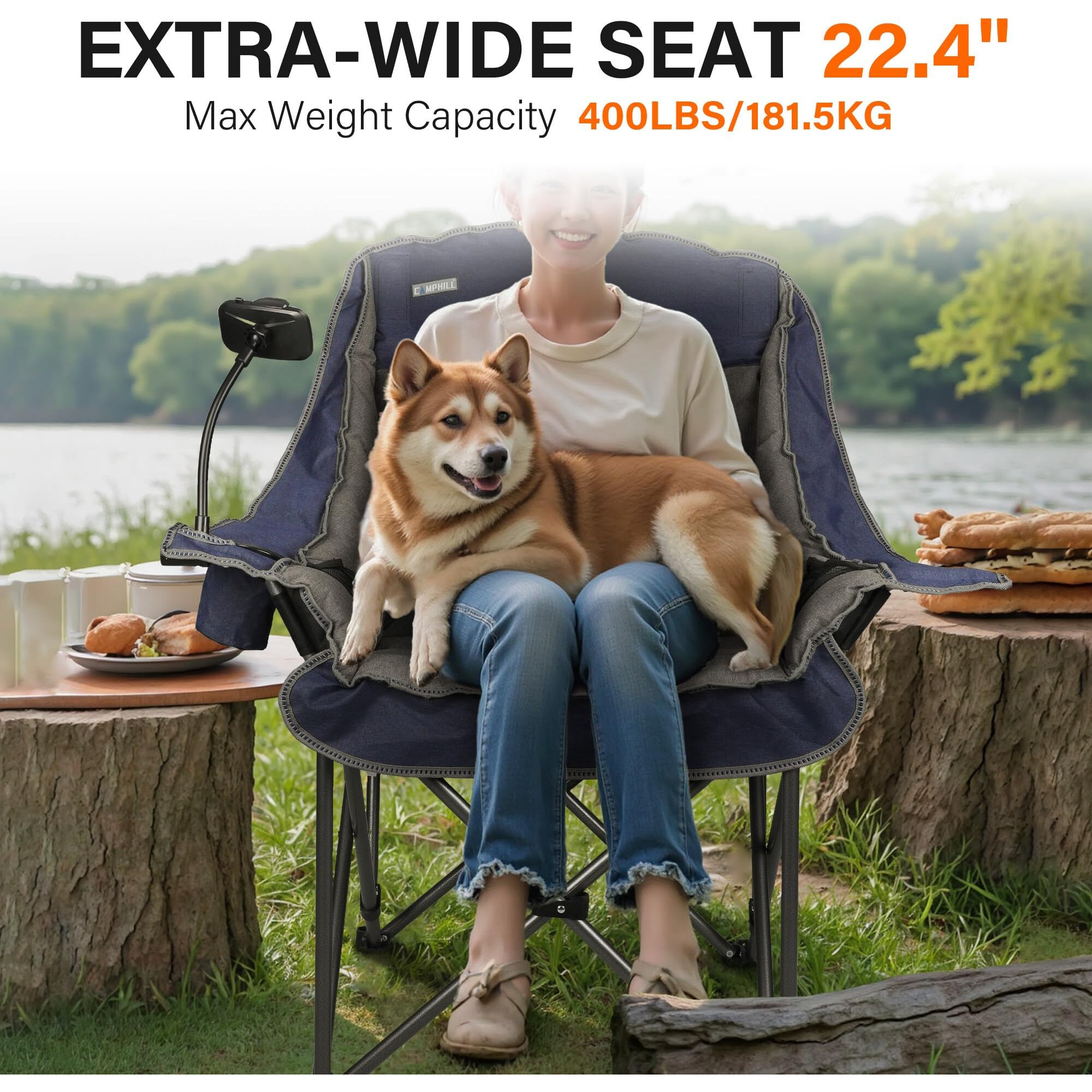Camping Chairs For Adults-Oversized Extra Large Lawn Chair,Folding Comfy Padded Chair W/Phone Holder,Side Pocket,Cup Holder For Outdoor,Wide&Thick,Heavy Duty 400Lbs,Blue