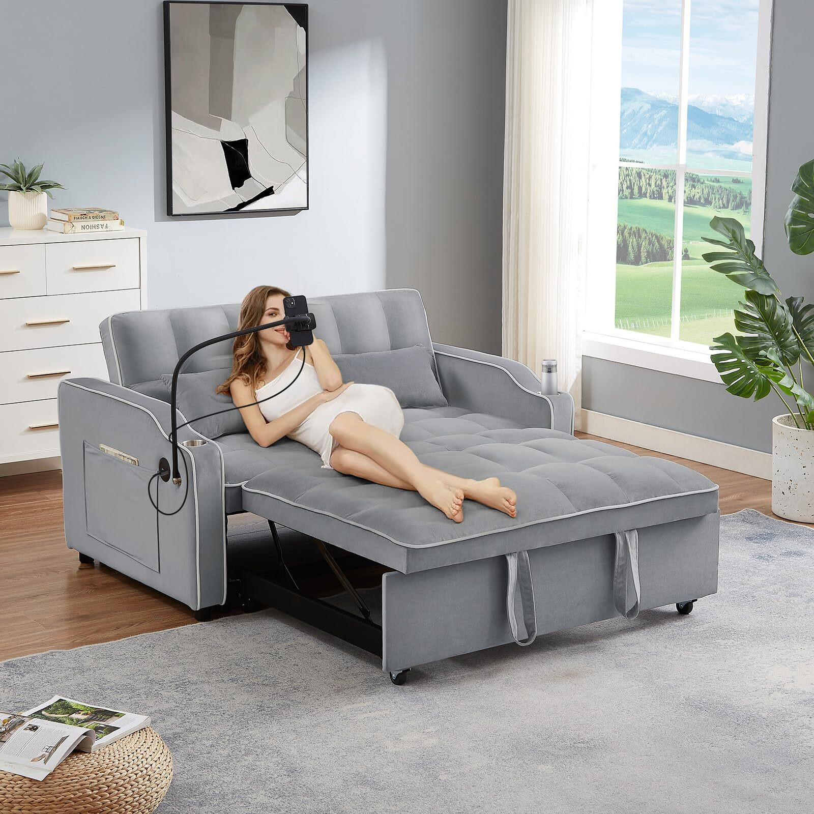 Jeeoehy 3 In 1 Convertible Sleeper Sofa Bed,Velvet Pull Out Couch Bed W Usb&Type C Port,Comfy Futon Loveseat W Adjustable Backrest&Phone Stand&Cup Holder For Living Room Apartment Small Space(Grey)