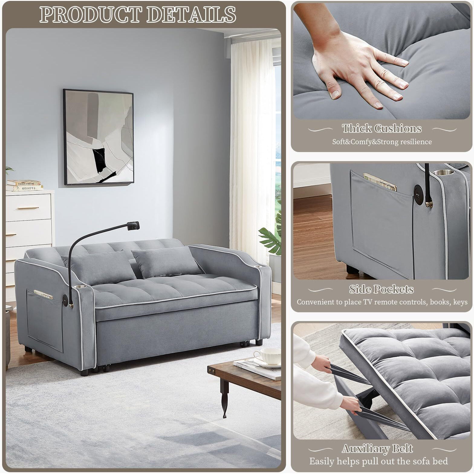 Jeeoehy 3 In 1 Convertible Sleeper Sofa Bed,Velvet Pull Out Couch Bed W Usb&Type C Port,Comfy Futon Loveseat W Adjustable Backrest&Phone Stand&Cup Holder For Living Room Apartment Small Space(Grey)