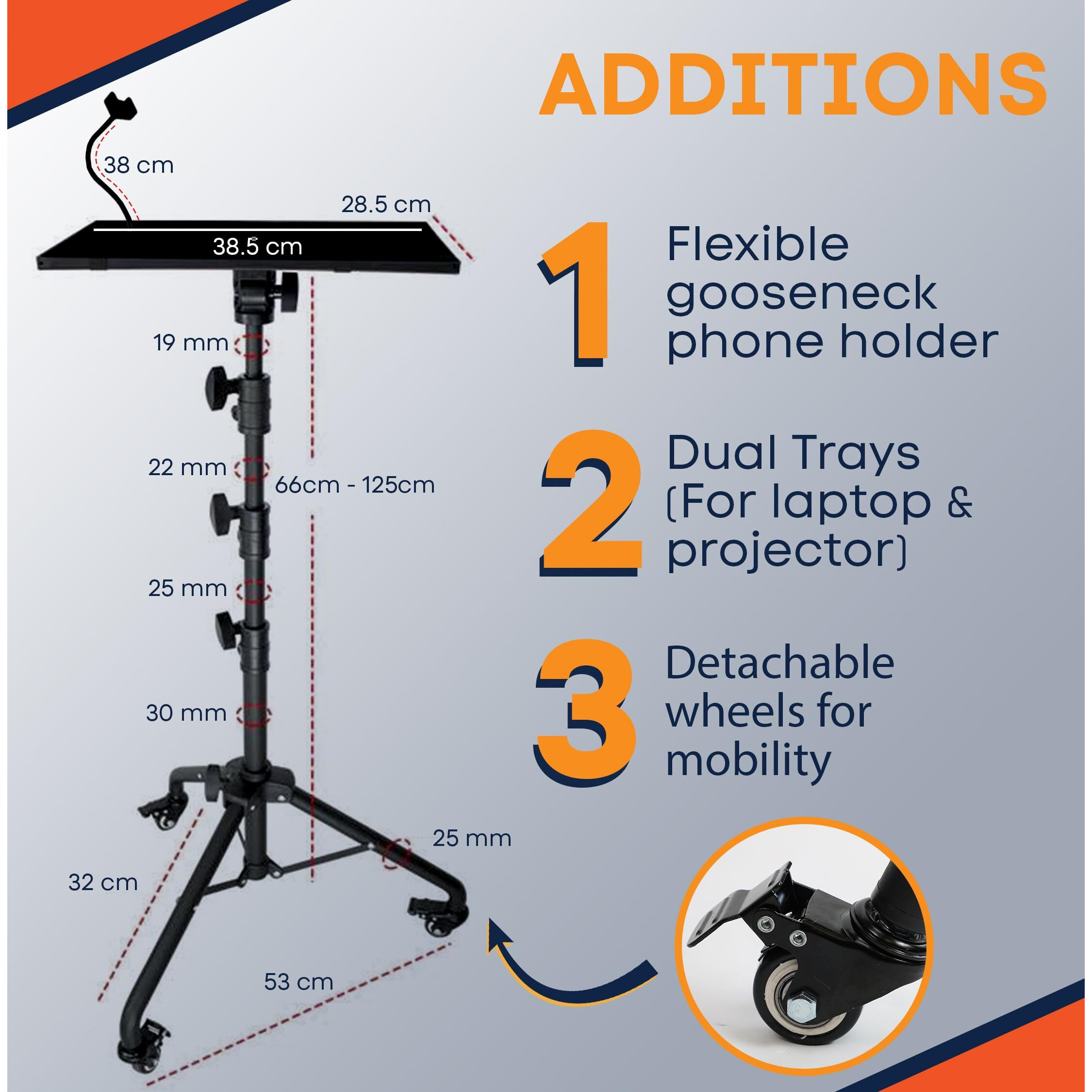 Prozipy Laptop & Projector Tripod Stand Adjustable Height 26 To 51    Wheely Portable Laptop Stand With Gooseneck Phone Holder - For Movie, Meeting, Book, Dj Equiqment