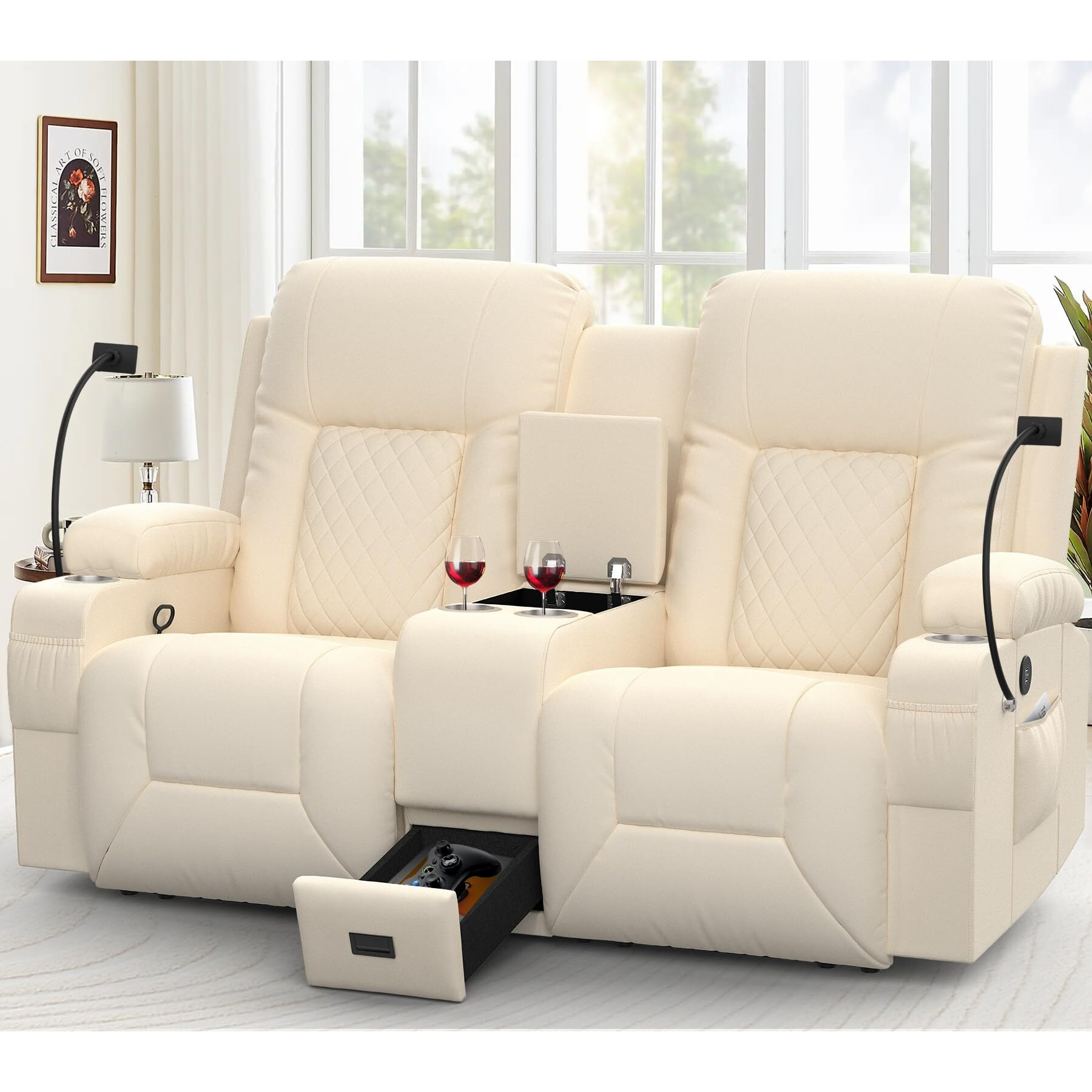 Yonisee Large Loveseat Recliner, Loveseat Recliner Sofa With Storage Console, Recliner Chair With Usb Ports, 2 Cell Phone Holders, Cup Holder, Loveseat Couch For Living Room (Beige)
