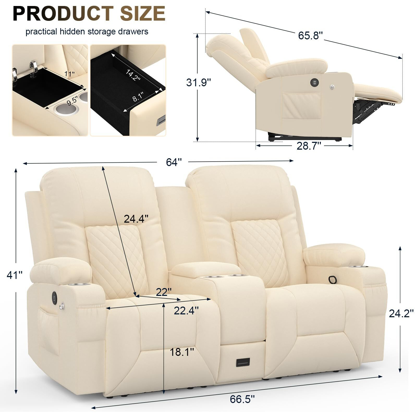Yonisee Large Loveseat Recliner, Loveseat Recliner Sofa With Storage Console, Recliner Chair With Usb Ports, 2 Cell Phone Holders, Cup Holder, Loveseat Couch For Living Room (Beige)
