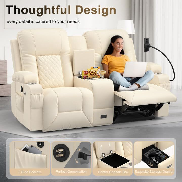 Yonisee Large Loveseat Recliner, Loveseat Recliner Sofa With Storage Console, Recliner Chair With Usb Ports, 2 Cell Phone Holders, Cup Holder, Loveseat Couch For Living Room (Beige)