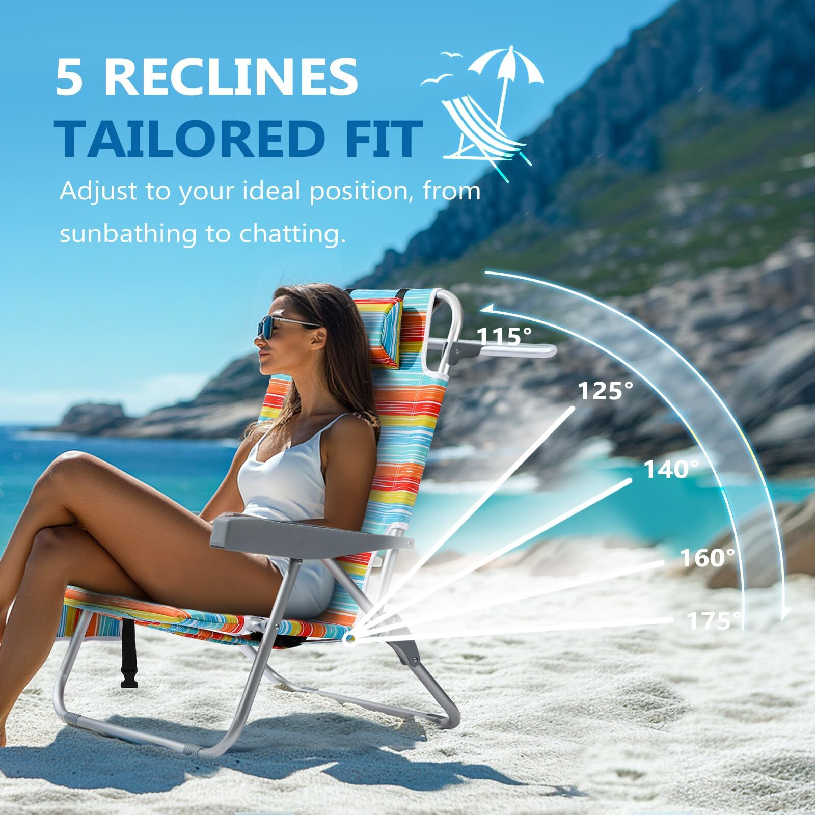 5-Position Aluminum Lay Flat Tall Beach Chair, Compact Portable Backpack Beach Chair For Adults With Cooler Pouch, Storage Pouch, Towel Bar, Cup Holder & Phone Holder, Multicolor Stripe