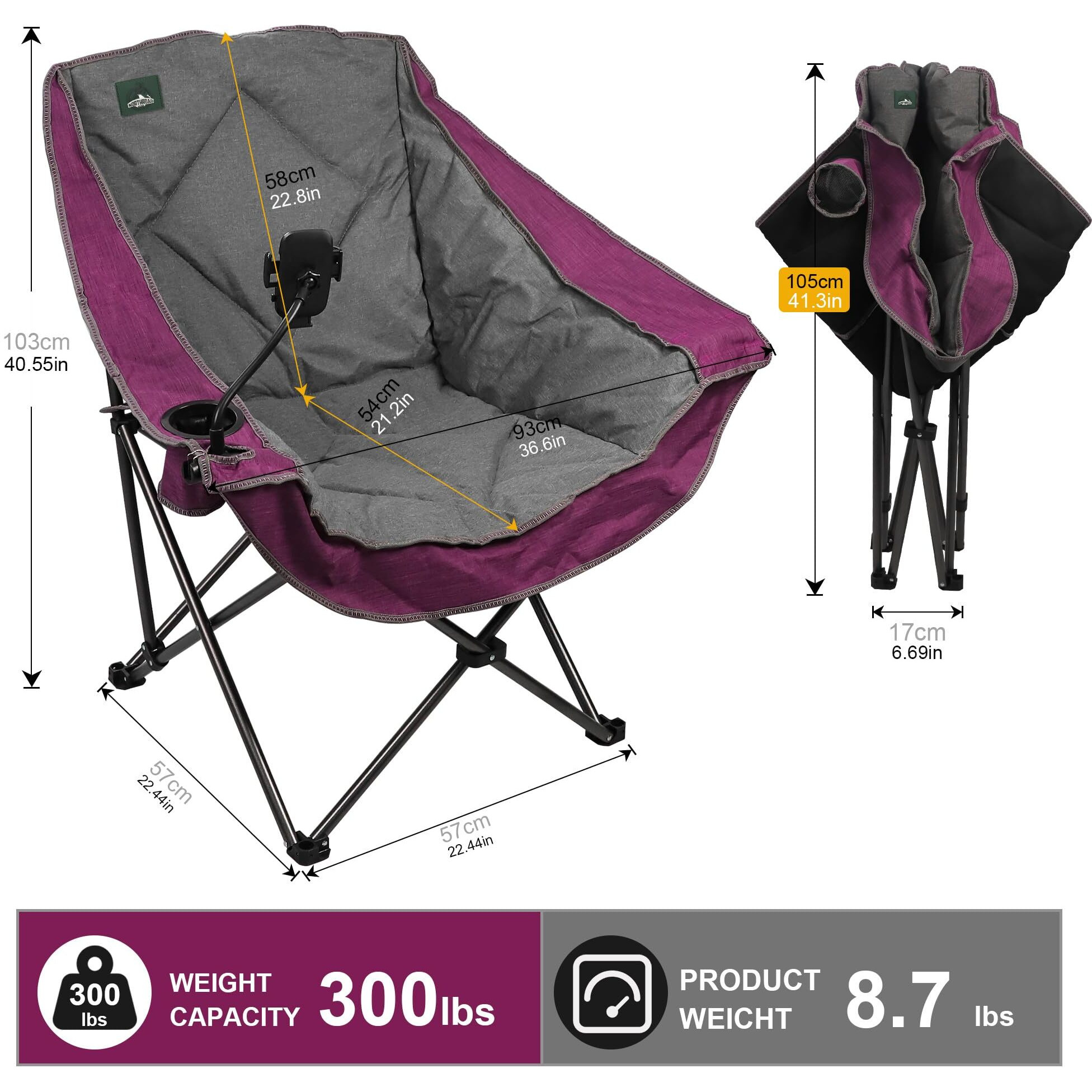 Northroad Oversized Foldable Camping Chair With Cell Phone Holder,Outdoor Padded Lawn Chair W/Cup Holder,Carry Bag For Beach, Hiking, And Picnics,Heavy-Duty 300-Lbs Capacity, Purple