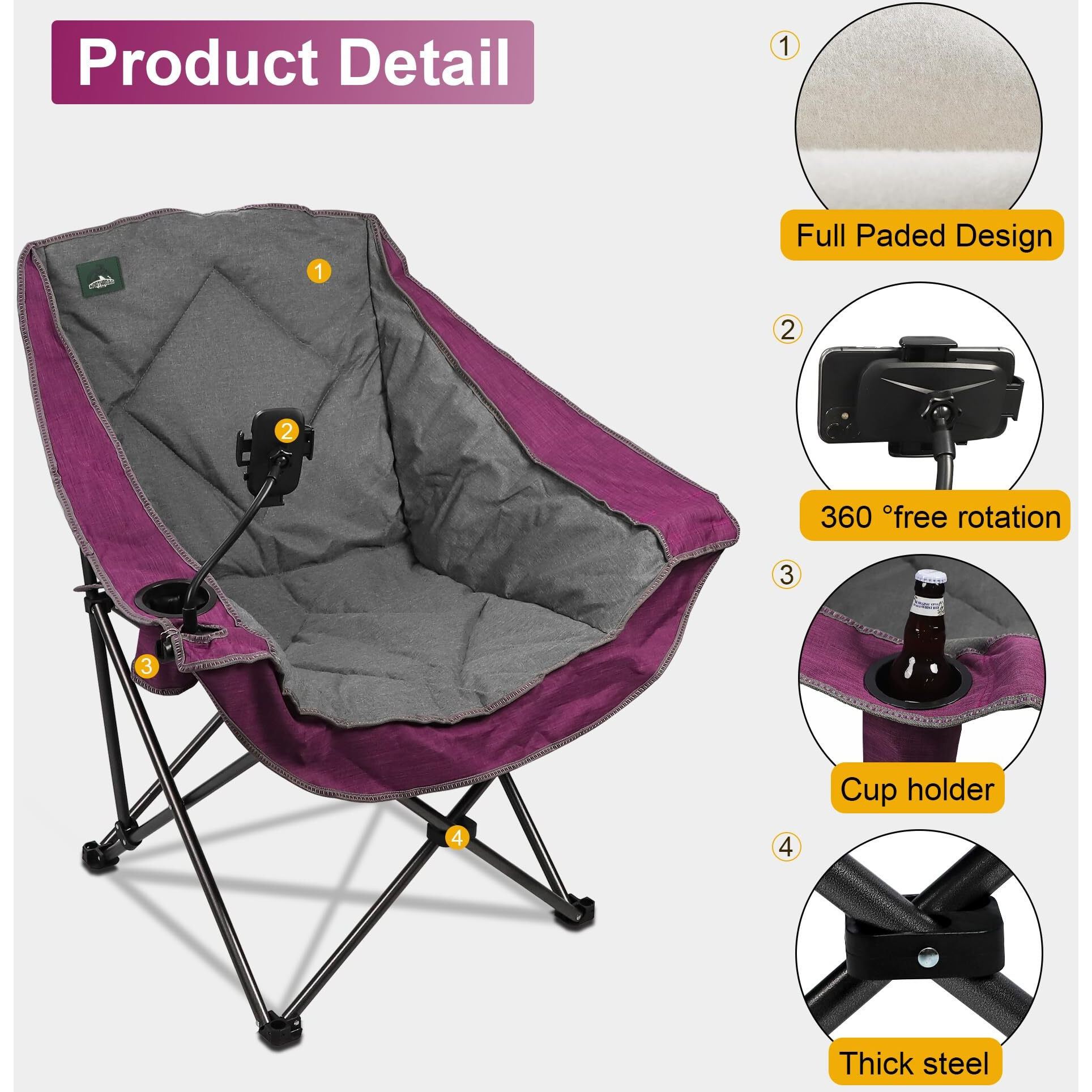 Northroad Oversized Foldable Camping Chair With Cell Phone Holder,Outdoor Padded Lawn Chair W/Cup Holder,Carry Bag For Beach, Hiking, And Picnics,Heavy-Duty 300-Lbs Capacity, Purple