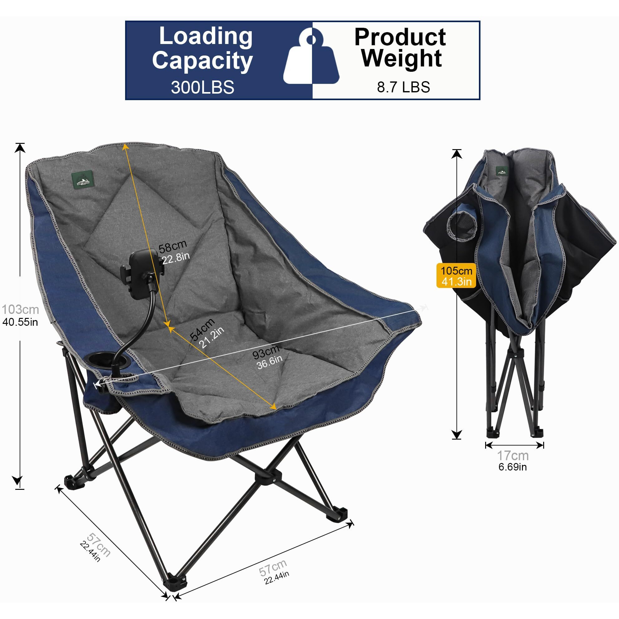 Northroad Oversized Foldable Camping Chair With Cell Phone Holder,Outdoor Padded Lawn Chair W/Cup Holder,Carry Bag For Beach, Hiking, And Picnics,Heavy-Duty 300-Lbs Capacity, Blue