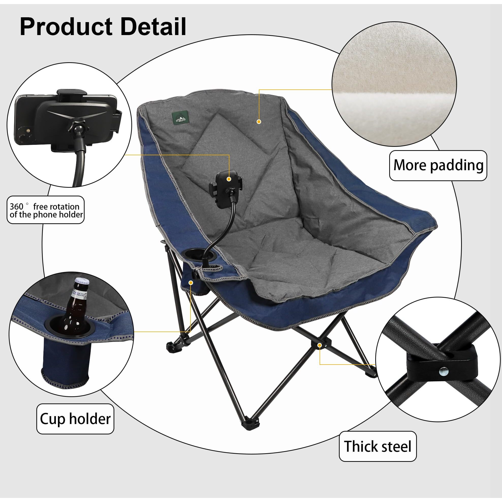 Northroad Oversized Foldable Camping Chair With Cell Phone Holder,Outdoor Padded Lawn Chair W/Cup Holder,Carry Bag For Beach, Hiking, And Picnics,Heavy-Duty 300-Lbs Capacity, Blue
