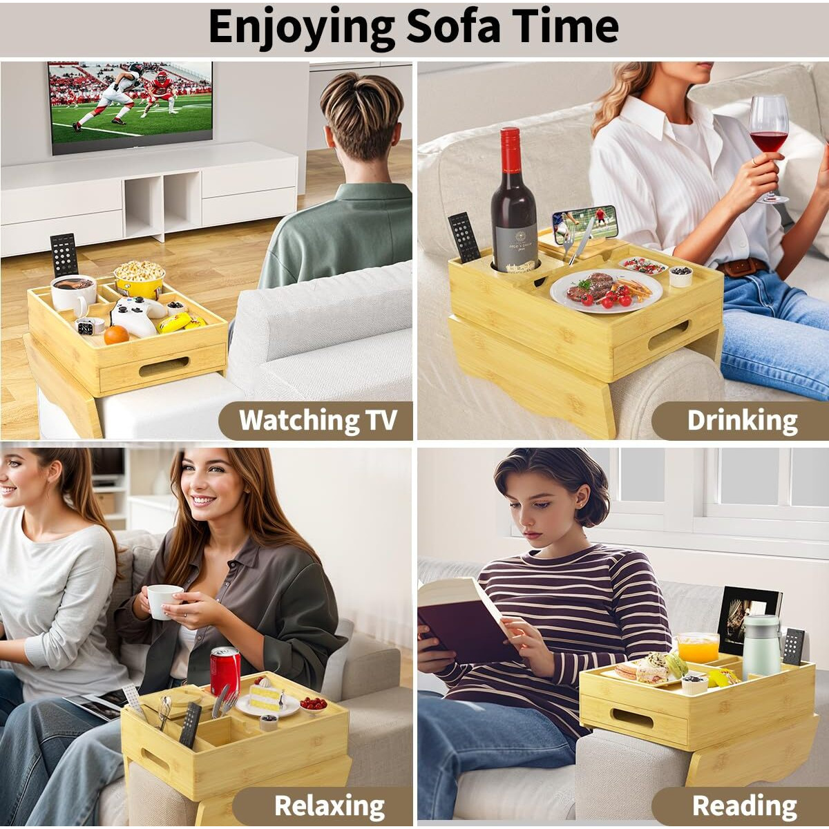Bamboo Couch Cup Holder Tray, 7-In-1 Couch Arm Tray, Sofa Clip-On Side Table With Push-Pull Drawer To Organize And Store Small Objects, 360Swivel Phone Holder, For Drinks, Cups, Snacks, Remote