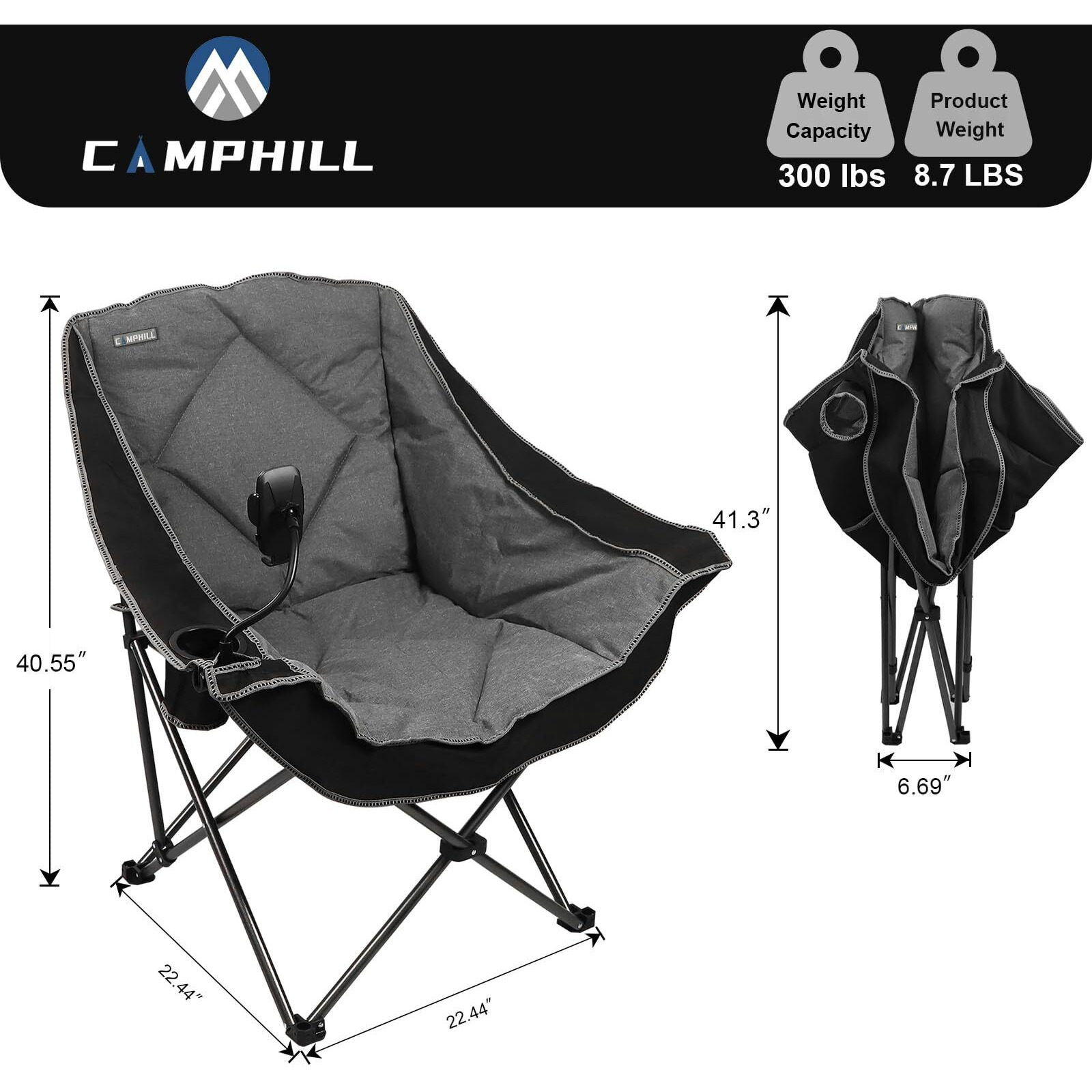 Camphill Folding Camping Chair,Oversized Portable Camping Chair With Cup Holder And Phone Holder,Heavy Duty Padded Lawn Chair For Camping, Tailgates, Beach, And Sports