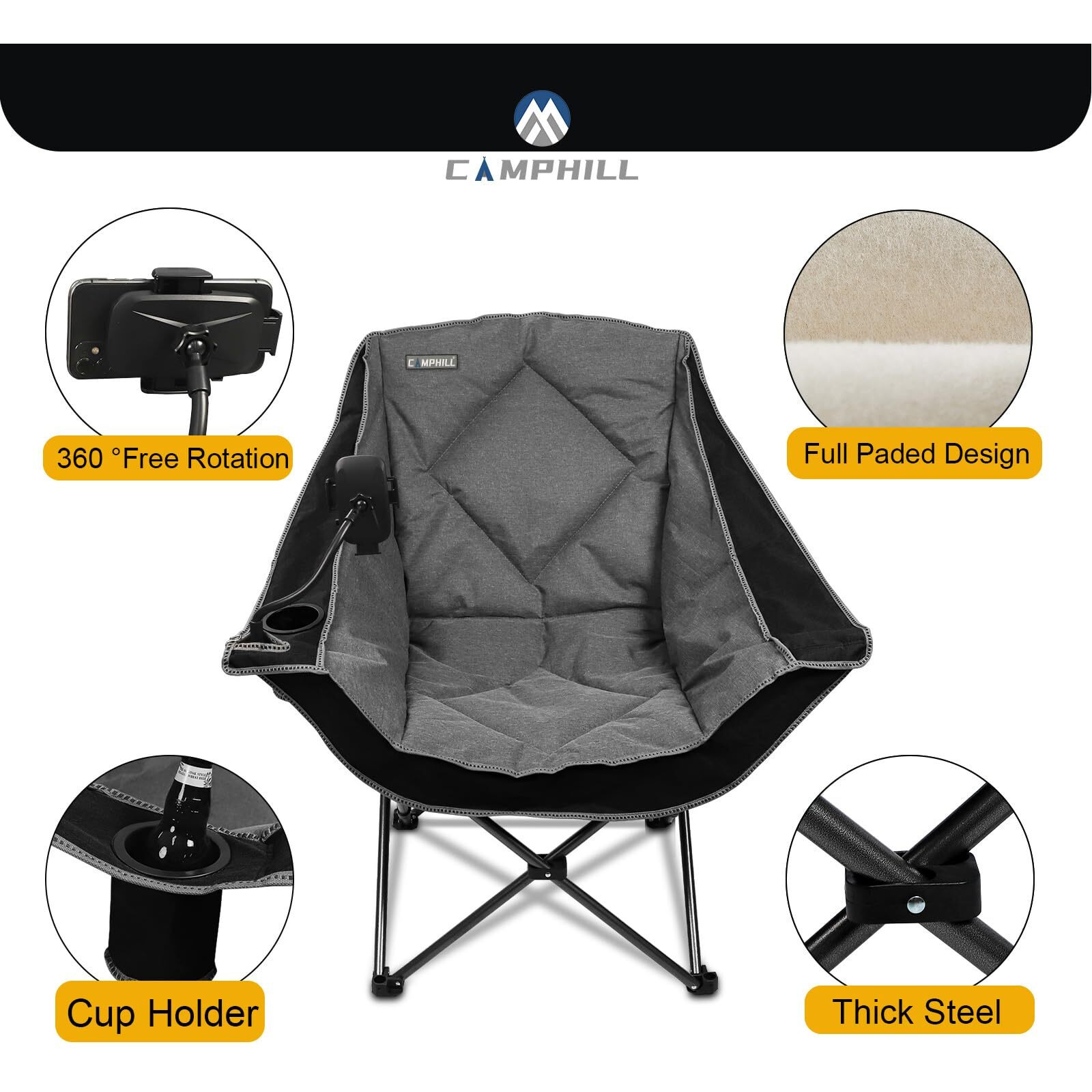 Camphill Folding Camping Chair,Oversized Portable Camping Chair With Cup Holder And Phone Holder,Heavy Duty Padded Lawn Chair For Camping, Tailgates, Beach, And Sports