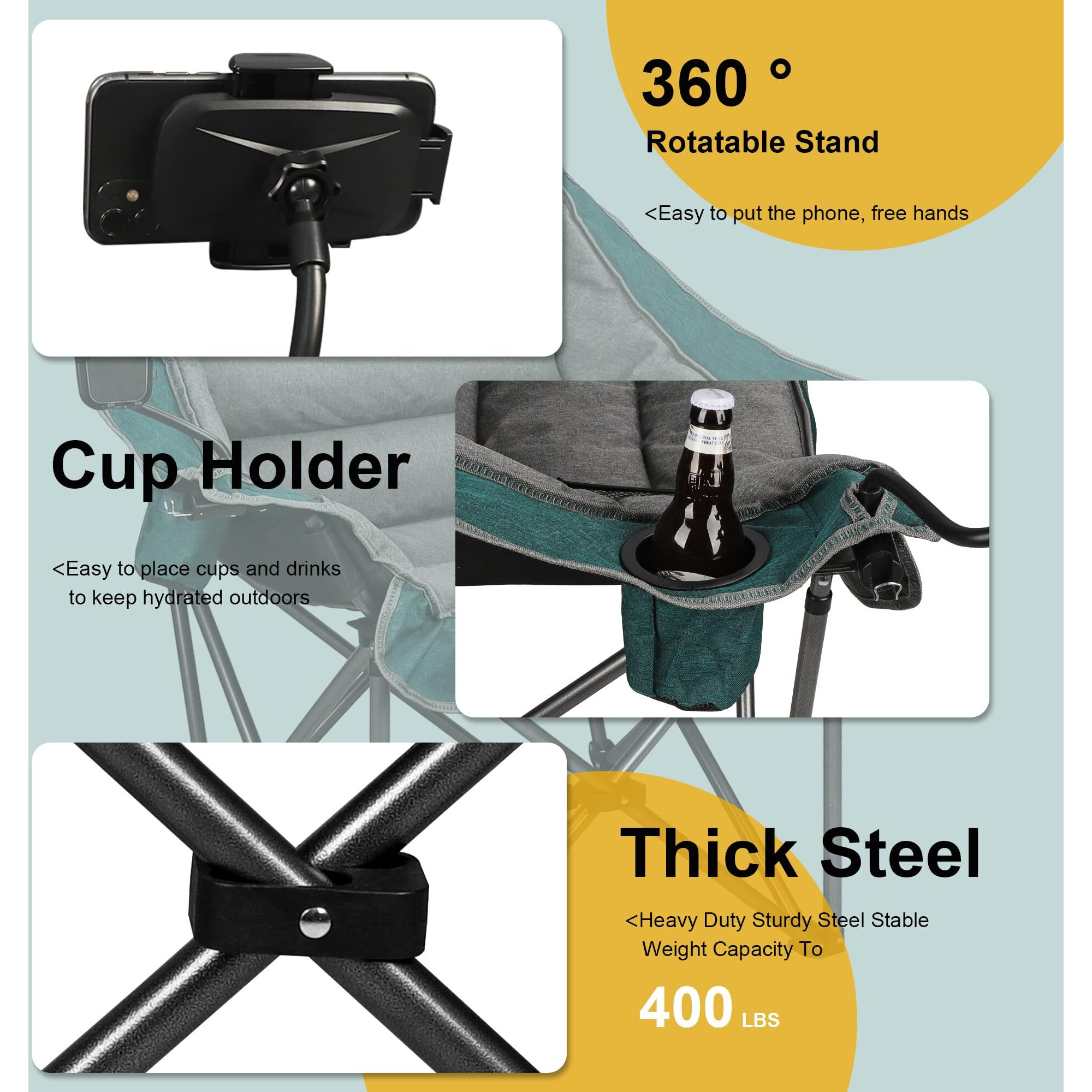 Northroad Oversized Xl Padded Camping Chair W/Cell Phone Holder, Large Camp Lounge Chair, Foldable Lawn Chair W/Cup Holder,Carry Bag For Outdoor Hiking, Beach, Picnics, Heavy-Duty 400-Lbs Capacity