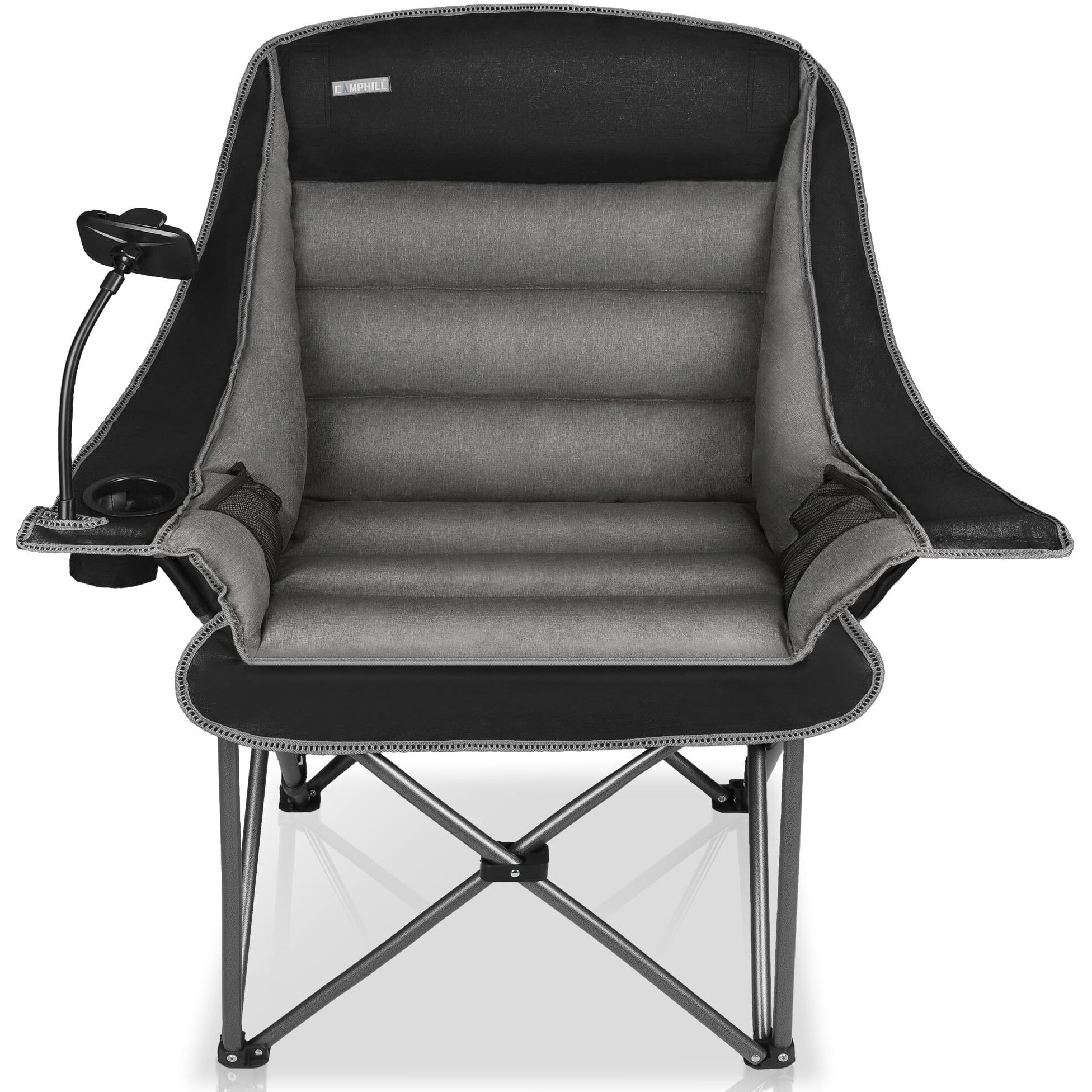 Camping Chairs For Adults-Oversized Extra Large Lawn Chair,Folding Comfy Padded Chair W/Phone Holder,Side Pocket,Cup Holder For Outdoor,Wide&Thick,Heavy Duty 400Lbs,Black