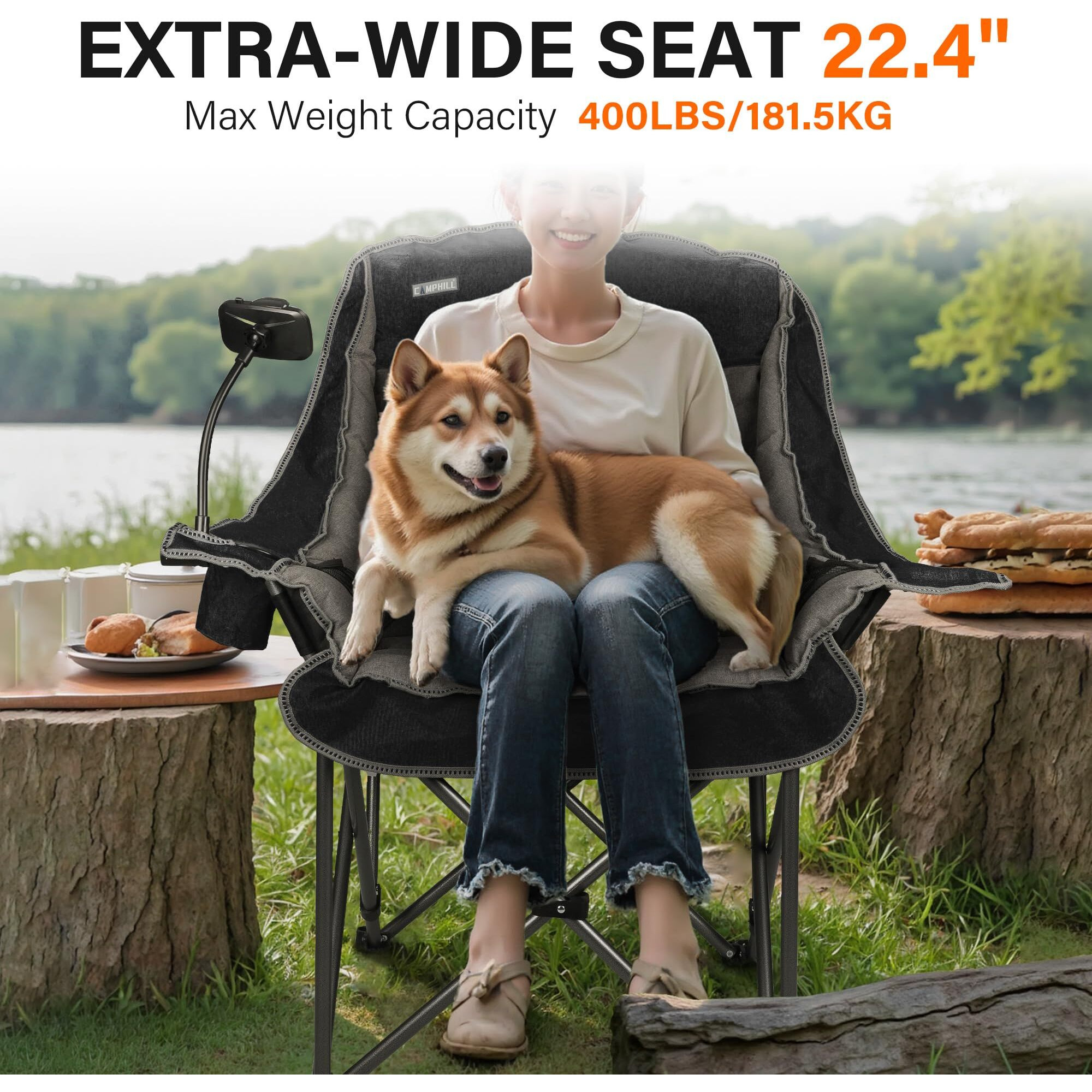 Camping Chairs For Adults-Oversized Extra Large Lawn Chair,Folding Comfy Padded Chair W/Phone Holder,Side Pocket,Cup Holder For Outdoor,Wide&Thick,Heavy Duty 400Lbs,Black