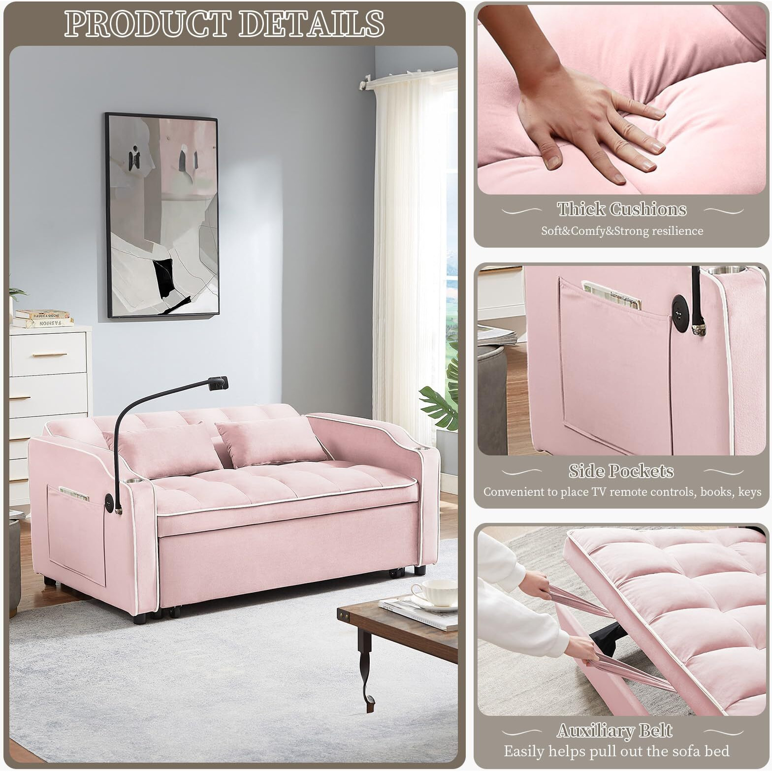 Jeeoehy 3 In 1 Convertible Sleeper Sofa Bed,Velvet Pull Out Couch Bed W Usb&Type C Port,Comfy Futon Loveseat W Adjustable Backrest&Phone Stand&Cup Holder For Living Room Apartment Small Space(Pink)
