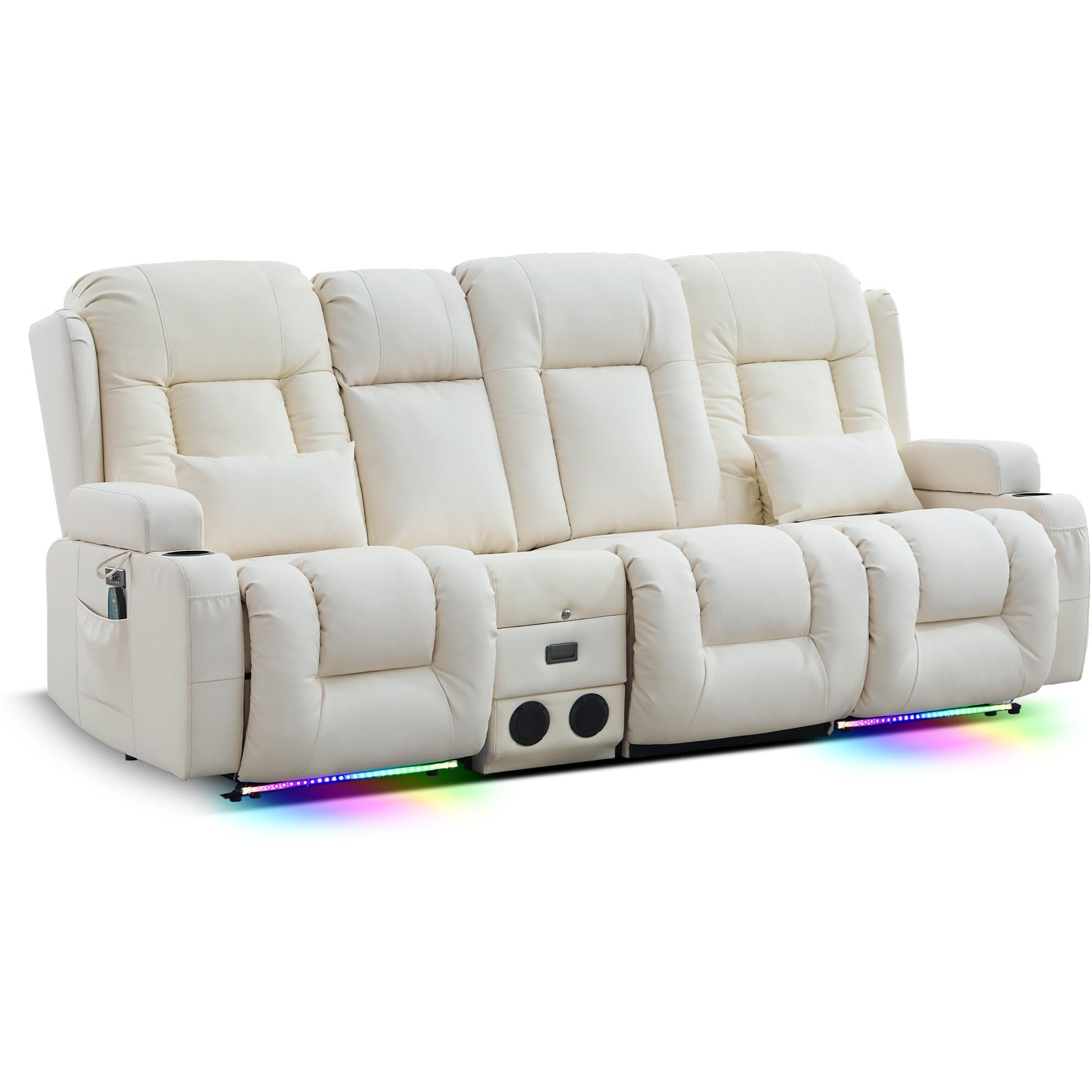 Tunyi Power Loveseat Recliner Sofa With Massage & Heat Home Theater Seating With Console Rv Recliner Loveseat Sofa With Usb/Outlet/Storage/Side Pocket/Led Light/Speaker (Cream White, 4 Seat)