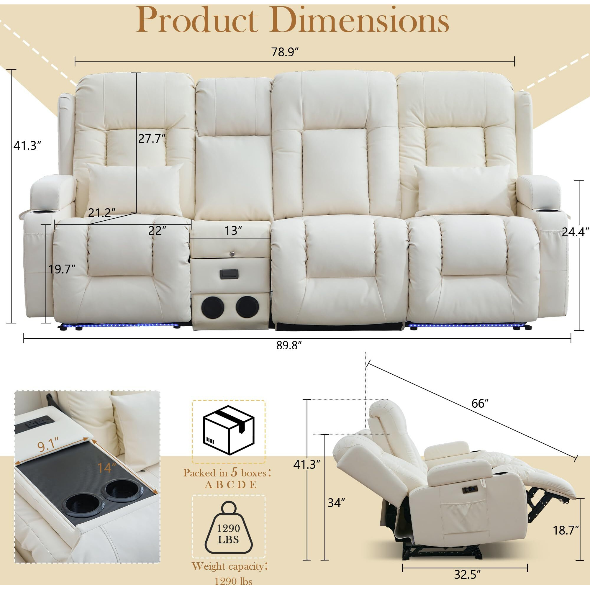 Tunyi Power Loveseat Recliner Sofa With Massage & Heat Home Theater Seating With Console Rv Recliner Loveseat Sofa With Usb/Outlet/Storage/Side Pocket/Led Light/Speaker (Cream White, 4 Seat)