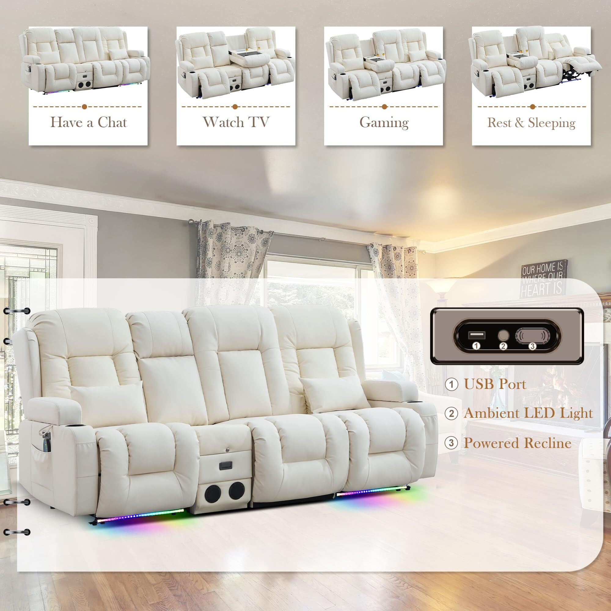 Tunyi Power Loveseat Recliner Sofa With Massage & Heat Home Theater Seating With Console Rv Recliner Loveseat Sofa With Usb/Outlet/Storage/Side Pocket/Led Light/Speaker (Cream White, 4 Seat)