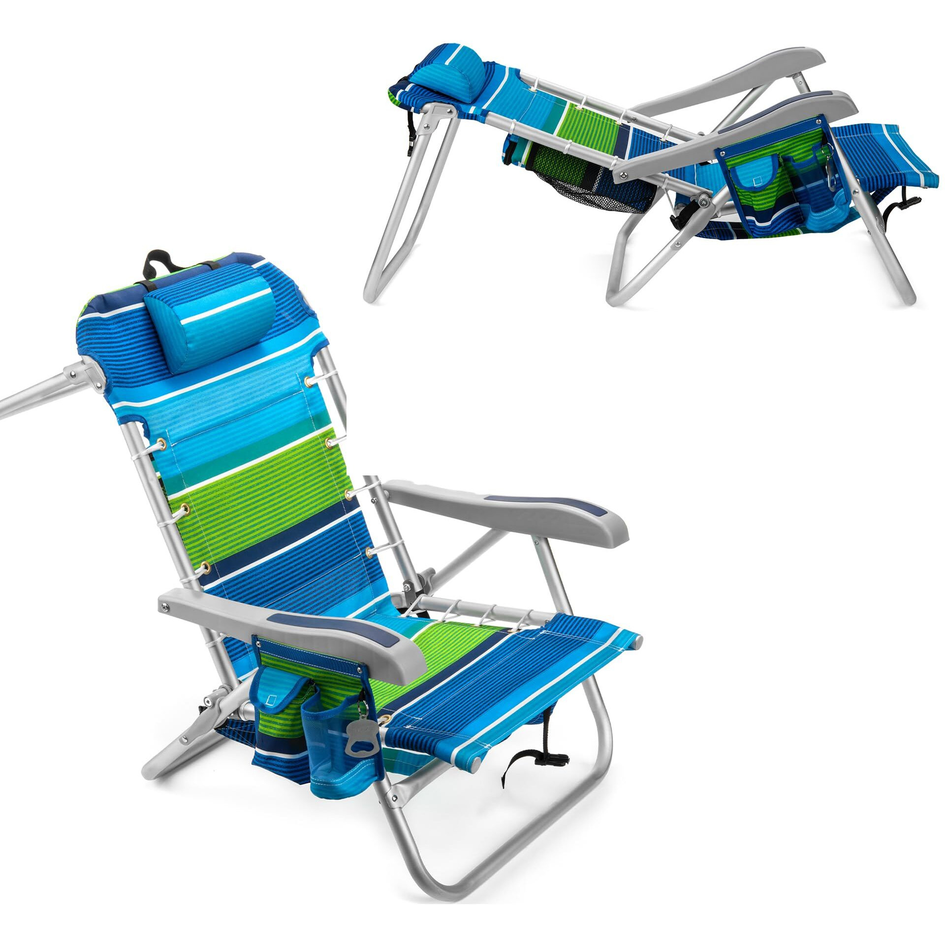Homevative Cooler+ Folding Backpack Beach Chair With 5 Positions, Towel Bar, Xl Cooler Pouch, Storage Net, Cup And Phone Holder, Deep Sea