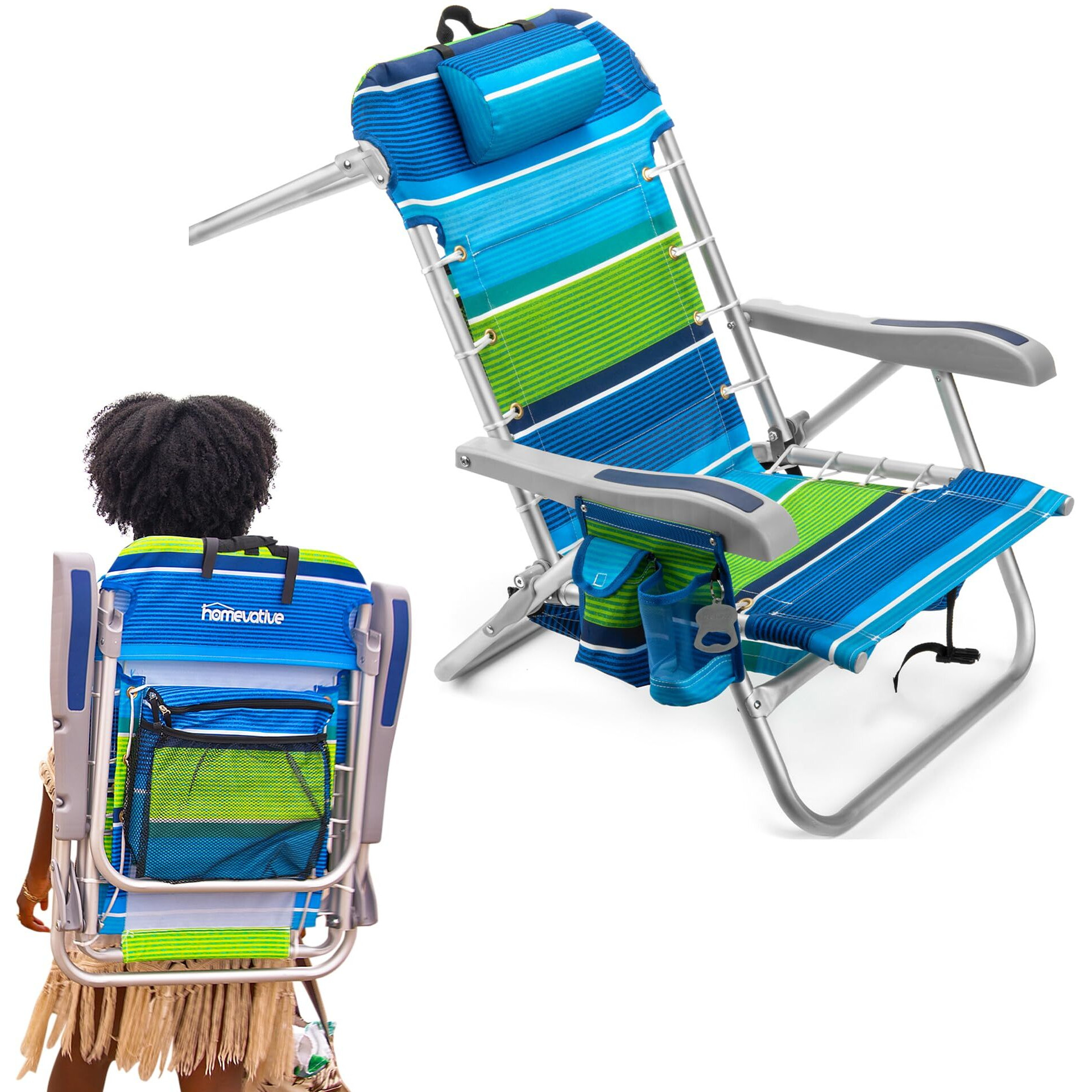 Homevative Cooler+ Folding Backpack Beach Chair With 5 Positions, Towel Bar, Xl Cooler Pouch, Storage Net, Cup And Phone Holder, Deep Sea