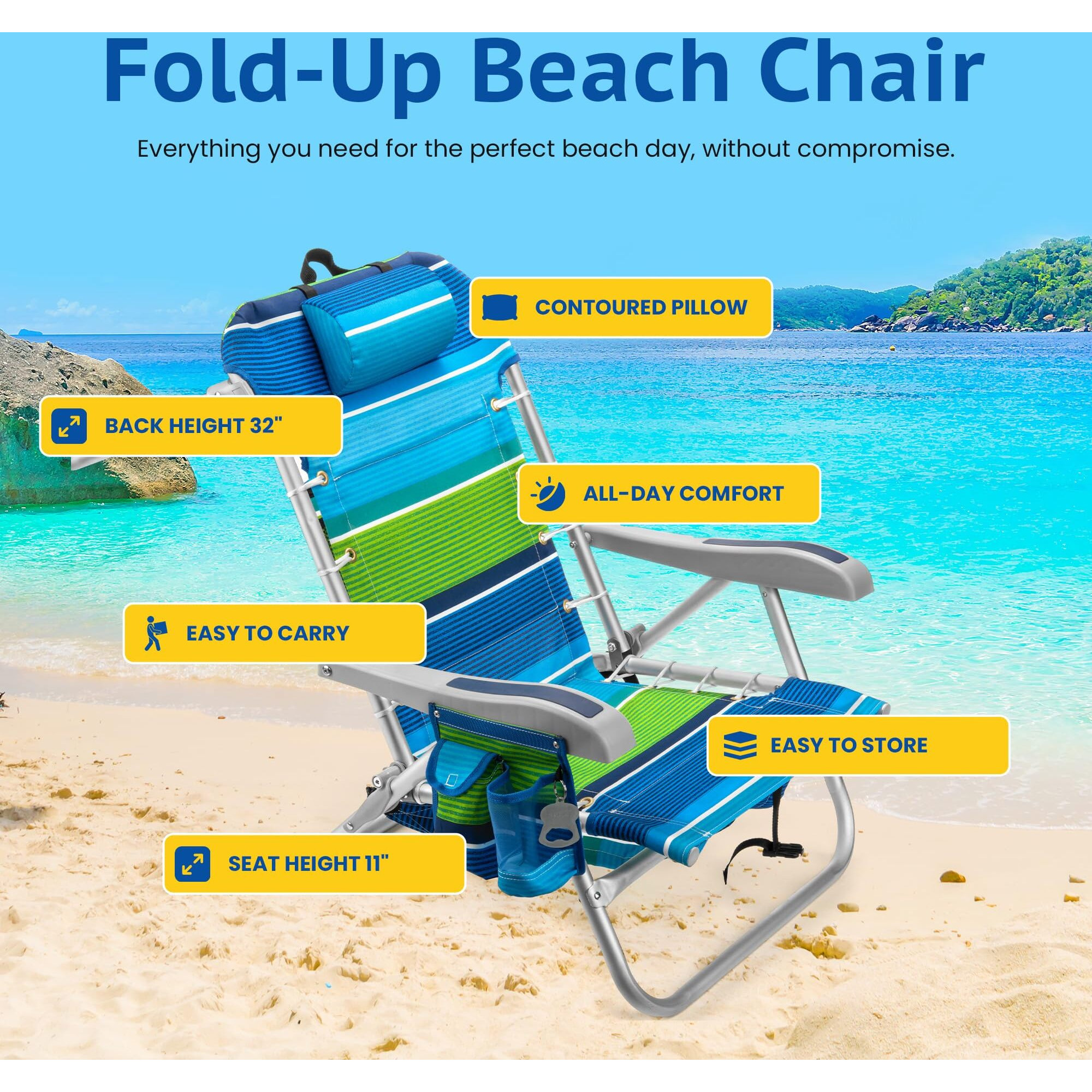 Homevative Cooler+ Folding Backpack Beach Chair With 5 Positions, Towel Bar, Xl Cooler Pouch, Storage Net, Cup And Phone Holder, Deep Sea