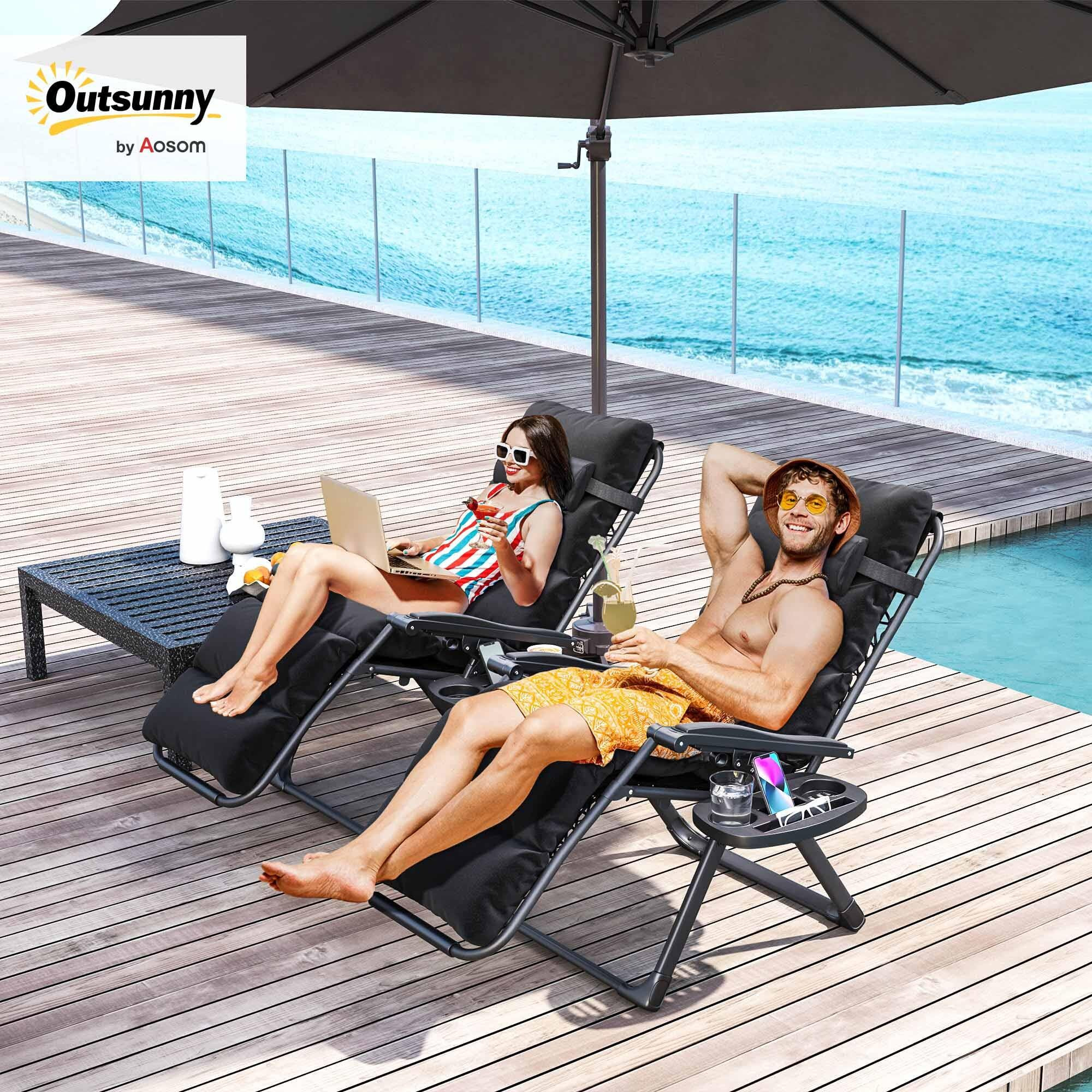 Outsunny Zero Gravity Chairs Set Of 2, Reclining Folding Zero Gravity Lounge Chair, Outdoor Lounge Chairs With Removable Cushion, Headrest, And Cup Phone Holder Tray For Patio, Beach, Black