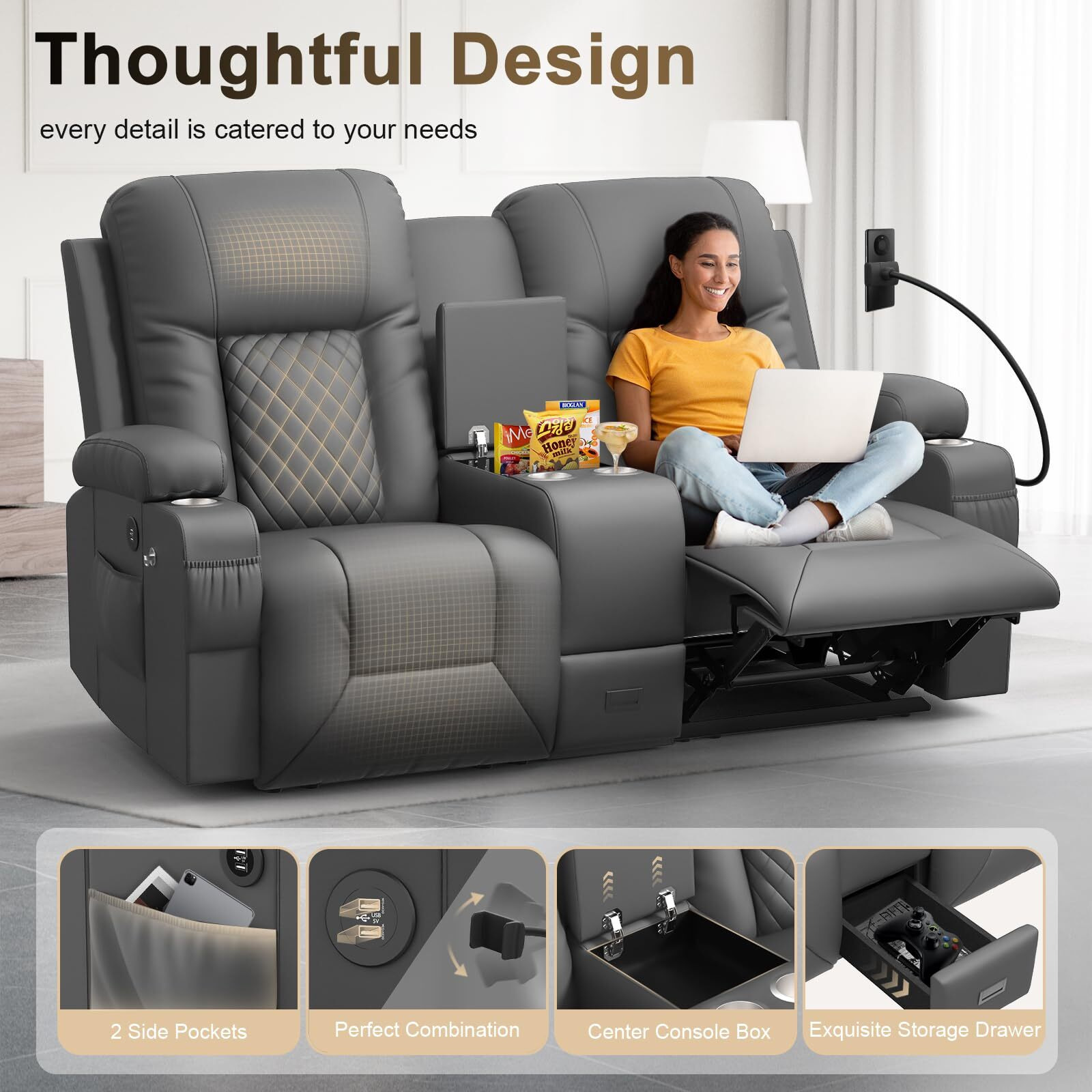 Yonisee Large Loveseat Recliner, Loveseat Recliner Sofa With Storage Console, Recliner Chair With Usb Ports, 2 Cell Phone Holders, Cup Holder, Loveseat Couch For Living Room (Dark Gray)