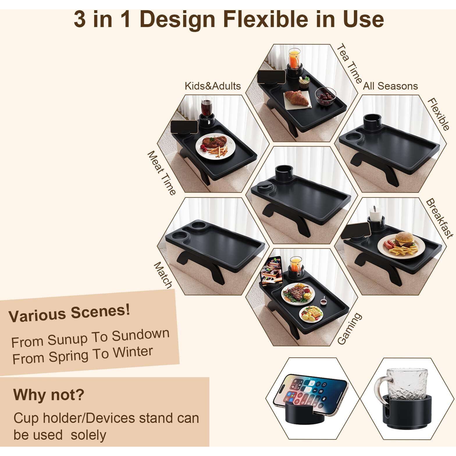 3 In 1 Large 15.36"&quotX9.85"" Couch Arm Tray, Bamboo Sofa Tray Table Clip On Side Table, Foldable Couch Armrest Table With 360 Phone Holder, Couch Tray For Eating/Drinks/Snacks/Remote/Control/Cups, Black