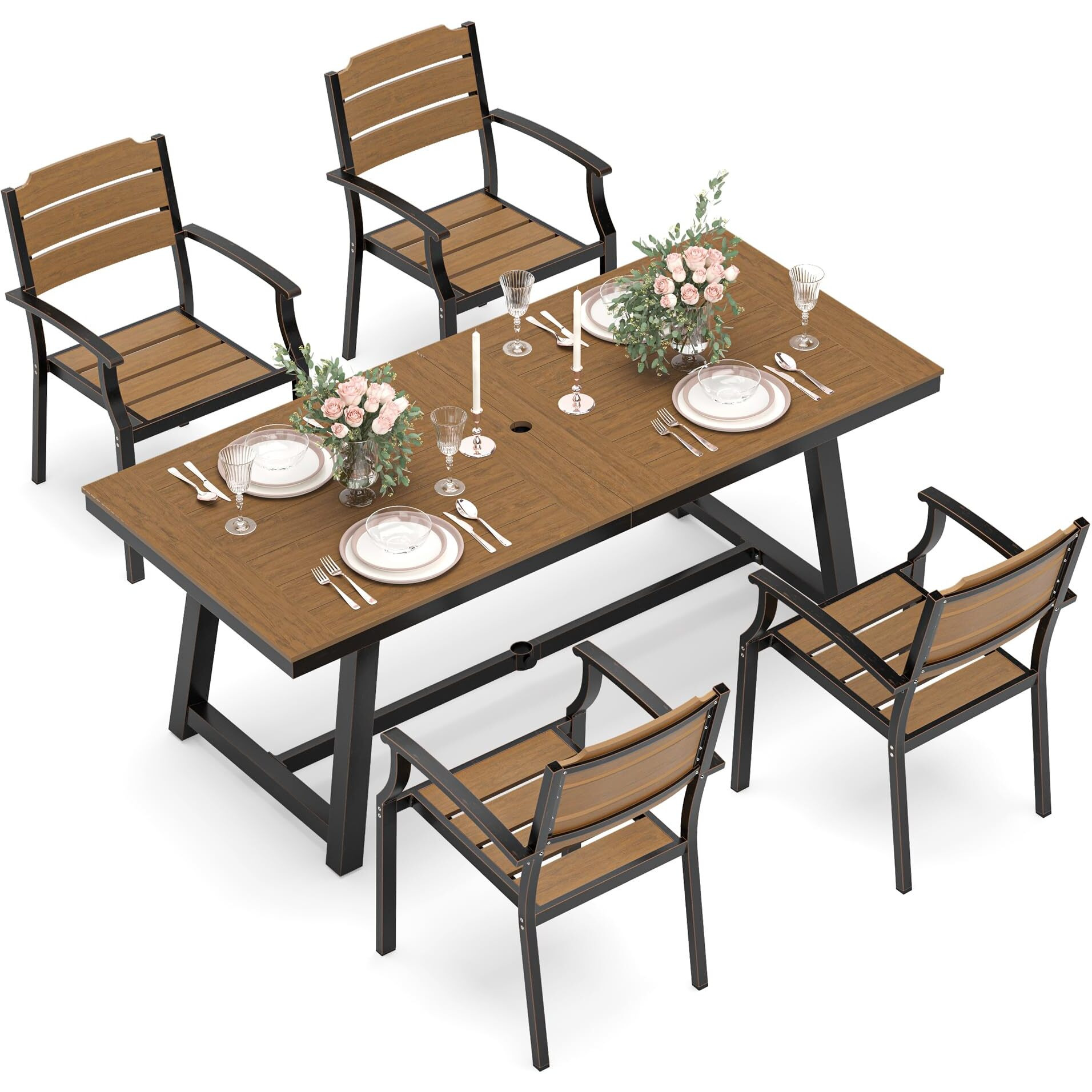 Cozyman Patio Table And Chairs Set, Patio Furniture Set, 5-Piece, Hdps All-Weather Material Outdoor Dining Set, Outdoor Furniture Set With Umbrella Hole, Brown-Oil Printed