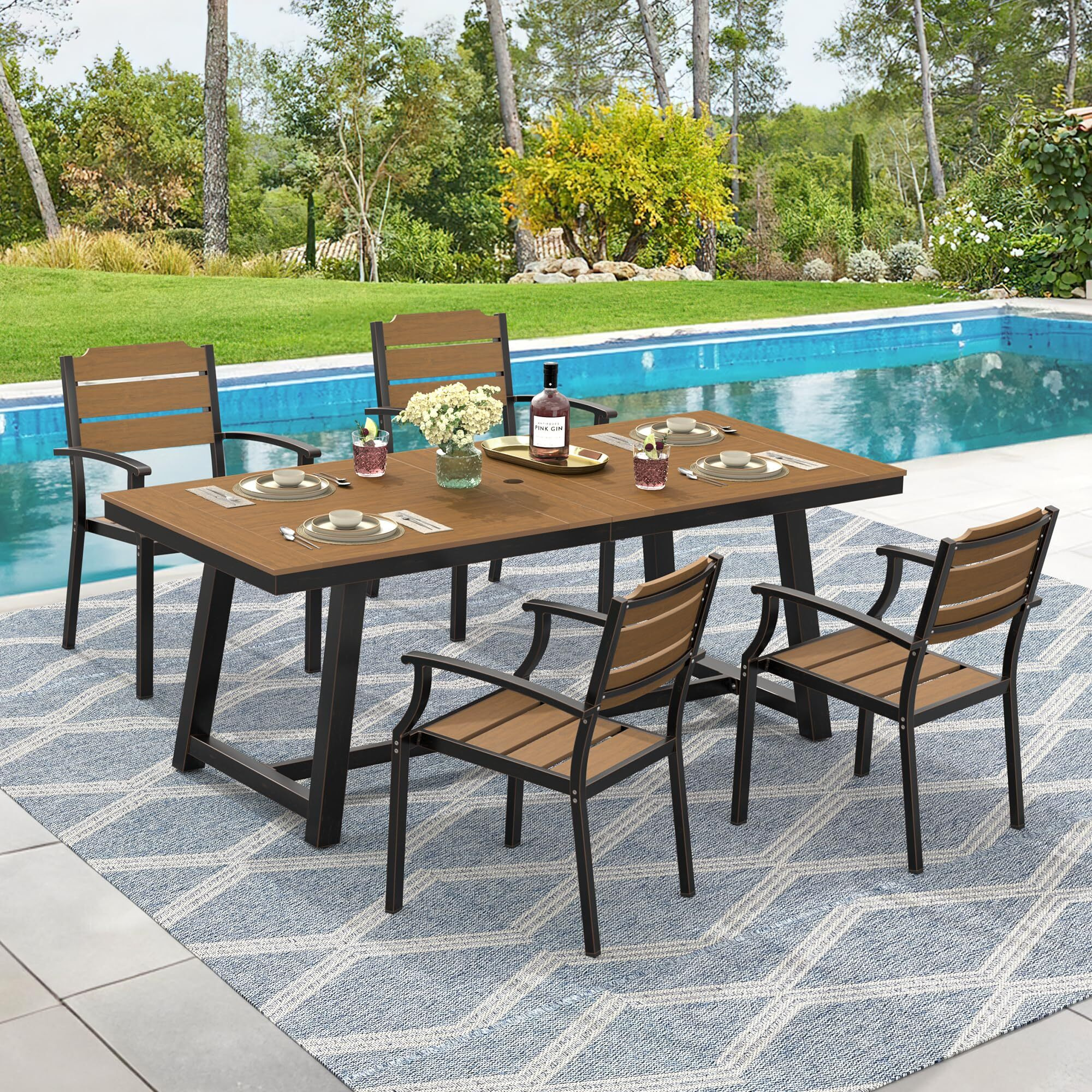 Cozyman Patio Table And Chairs Set, Patio Furniture Set, 5-Piece, Hdps All-Weather Material Outdoor Dining Set, Outdoor Furniture Set With Umbrella Hole, Brown-Oil Printed